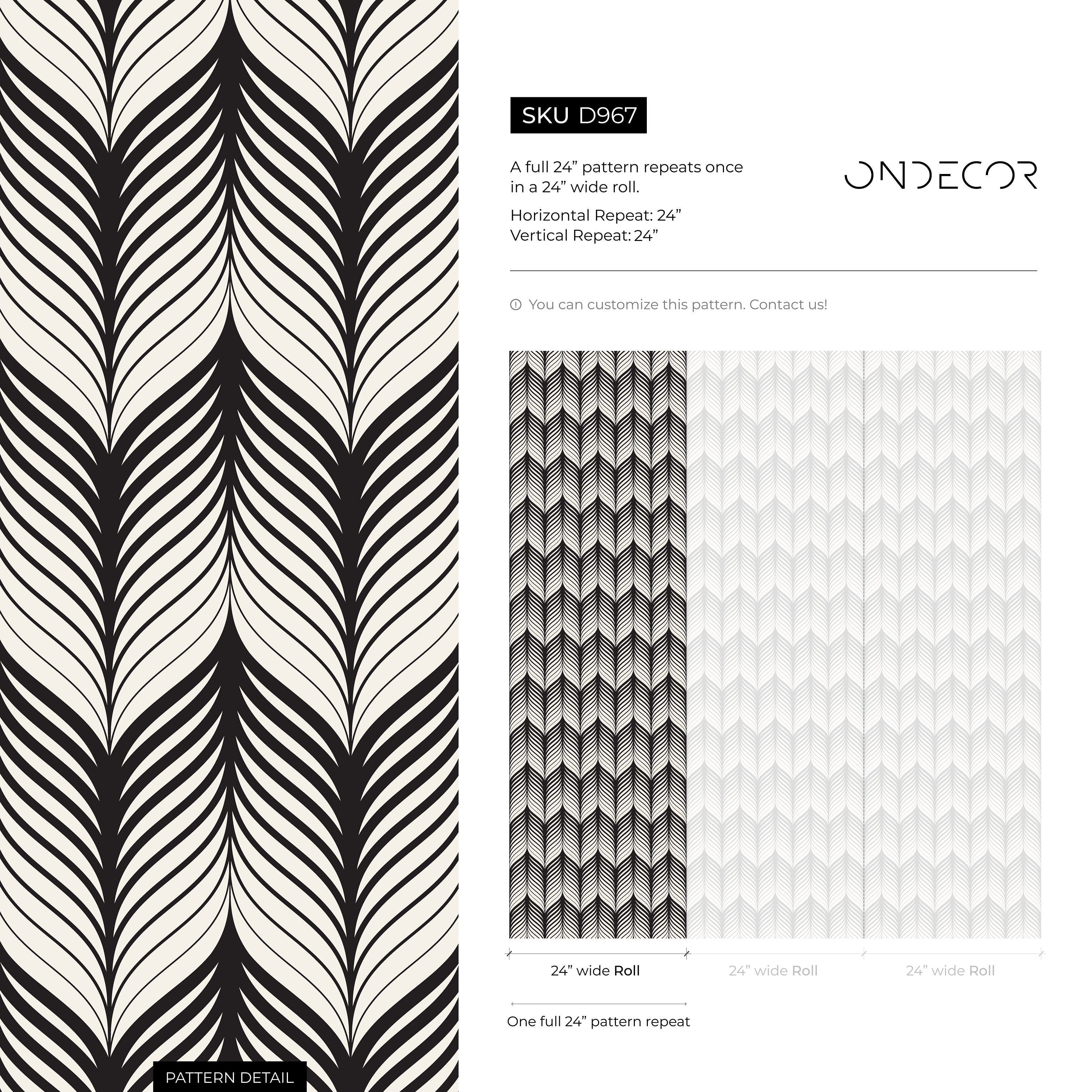 Art Deco Wallpaper With A Stylized Feather Motif In Black And White - D967