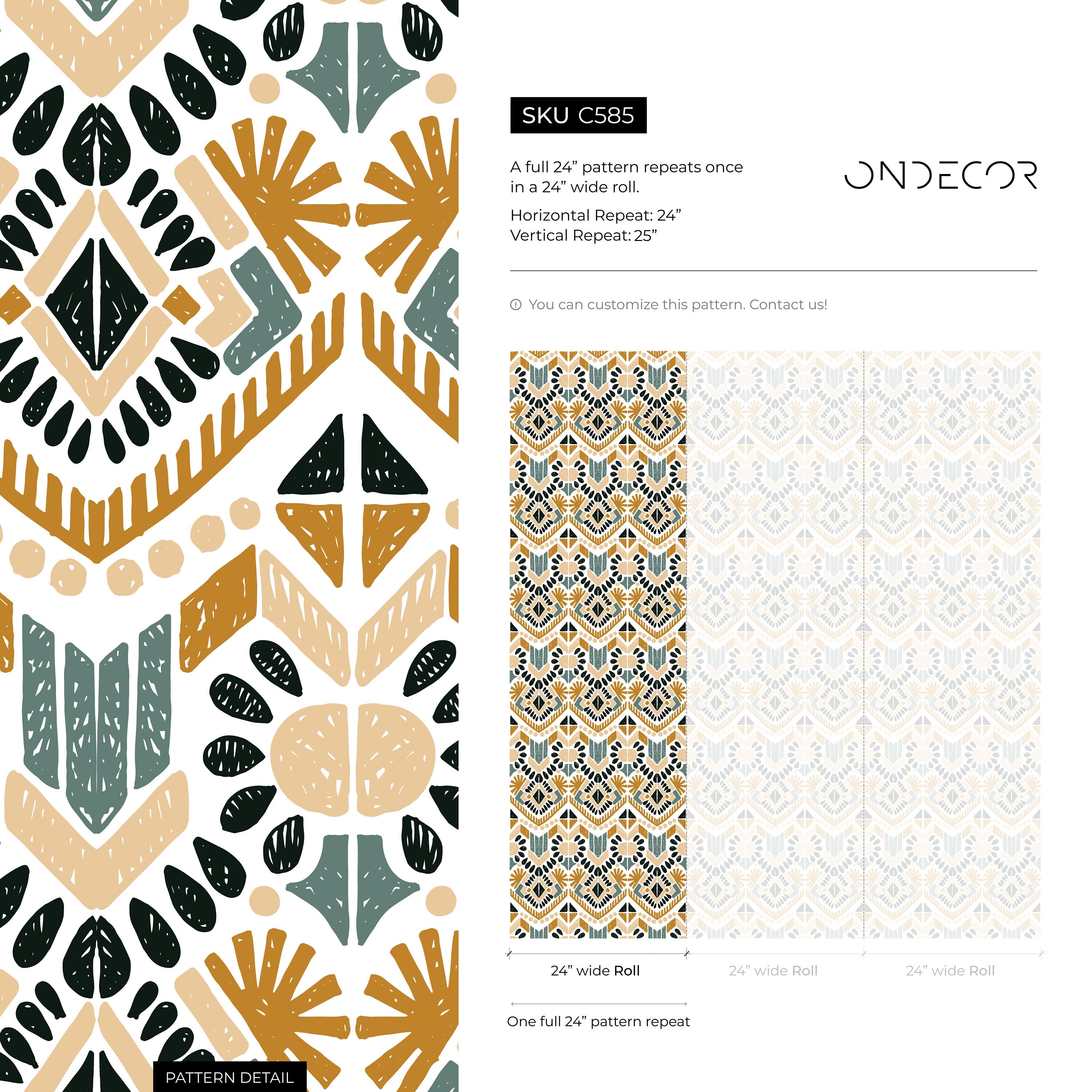 Geometric Wallpaper With A Boho Tribal Motif In Ochre, Teal, And Black - C585