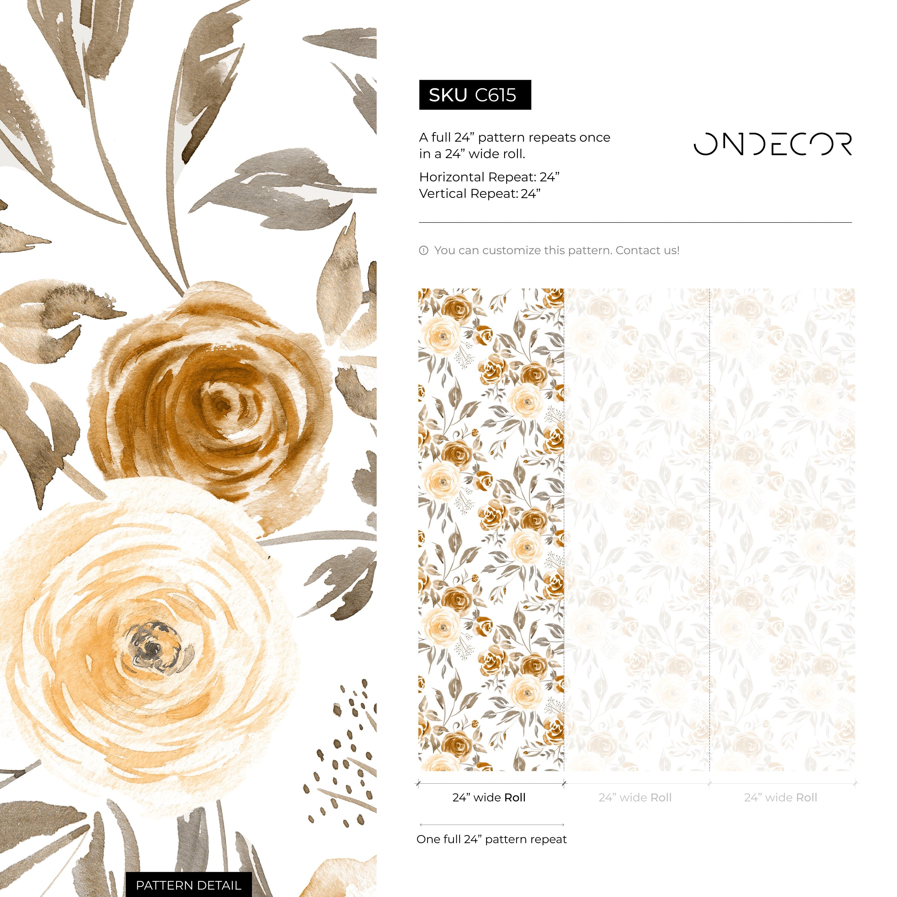 Floral Wallpaper With A Watercolor Rose Motif In Yellow, Gold, And Gray - C615