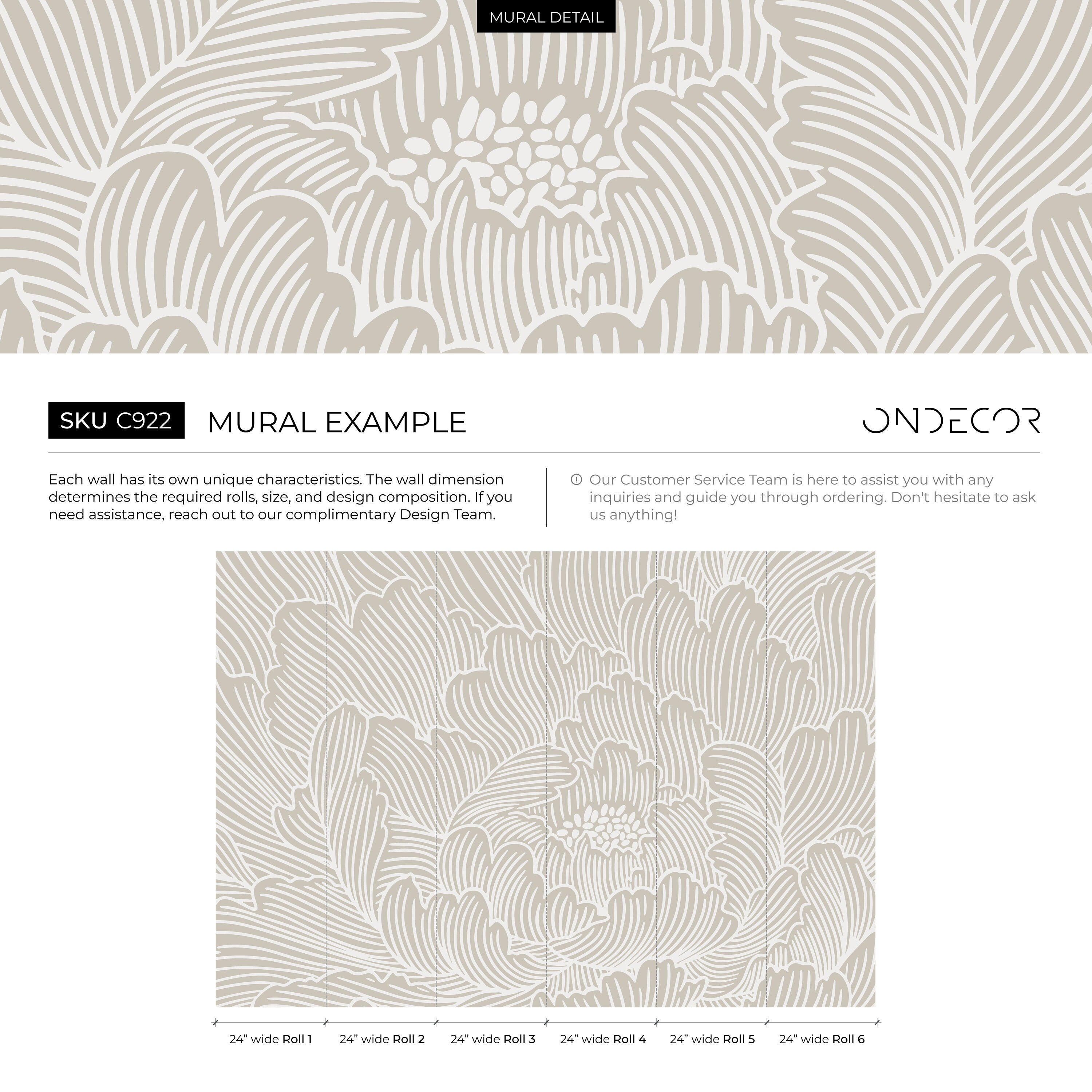 Floral Wallpaper With A Large Peony Line Art Motif In Beige And White - C922
