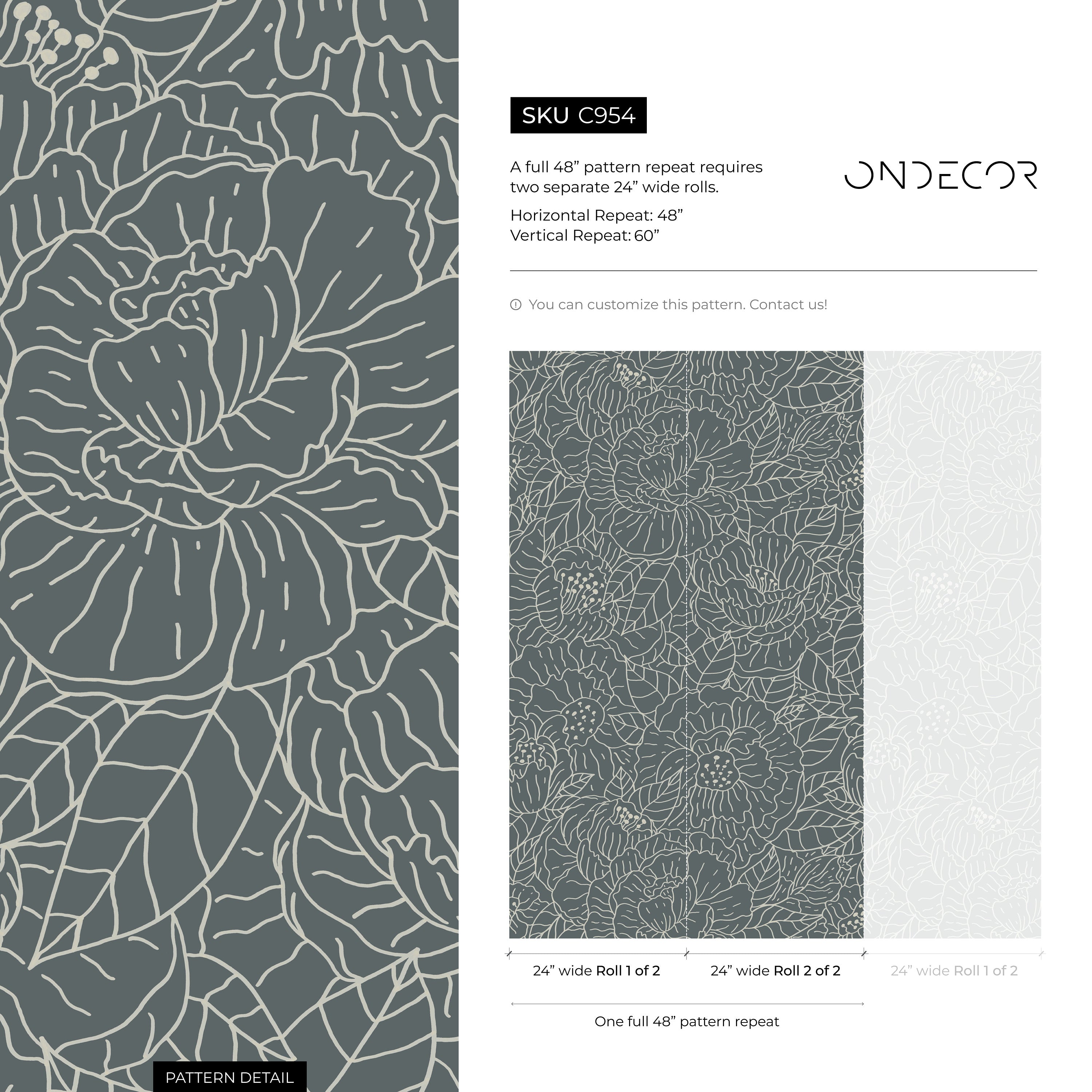 Floral Wallpaper With Line Art Blooms In Slate Green And Beige - C954