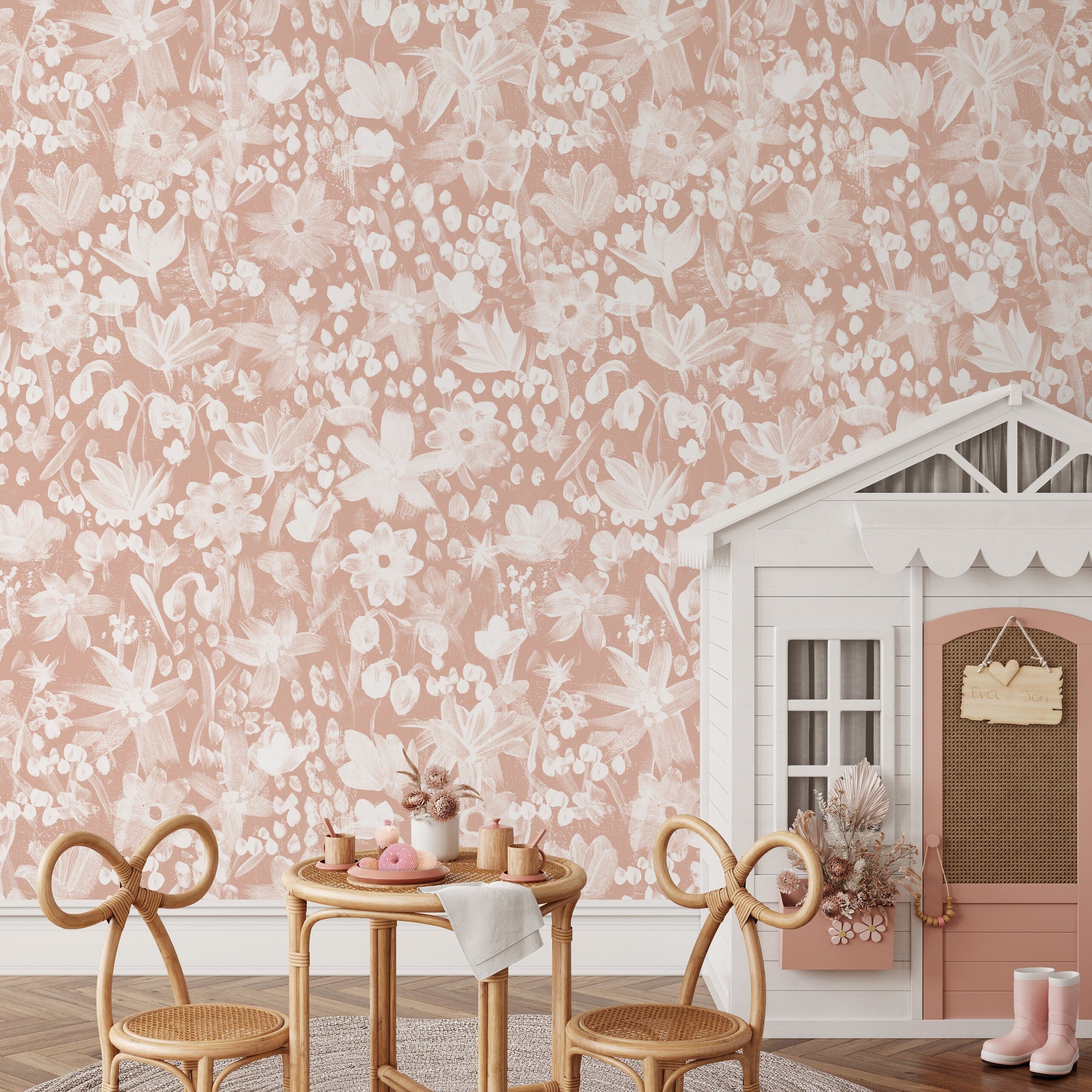 Floral Wallpaper With A Painterly Brushstroke Motif In Pink And Cream - X190