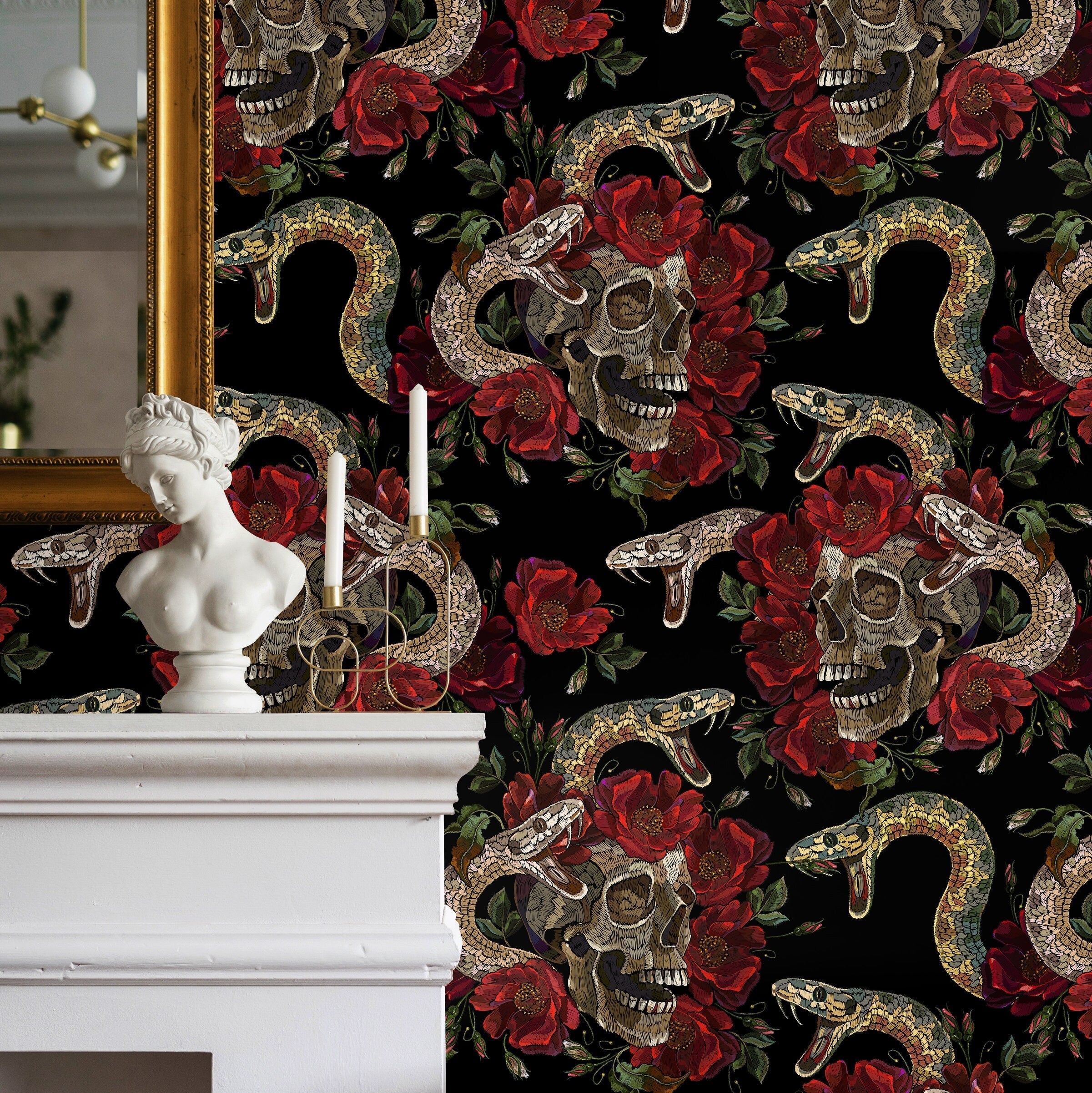 Gothic Wallpaper With An Embroidered Skull And Snake Motif In Black, Red, And Brown - D899