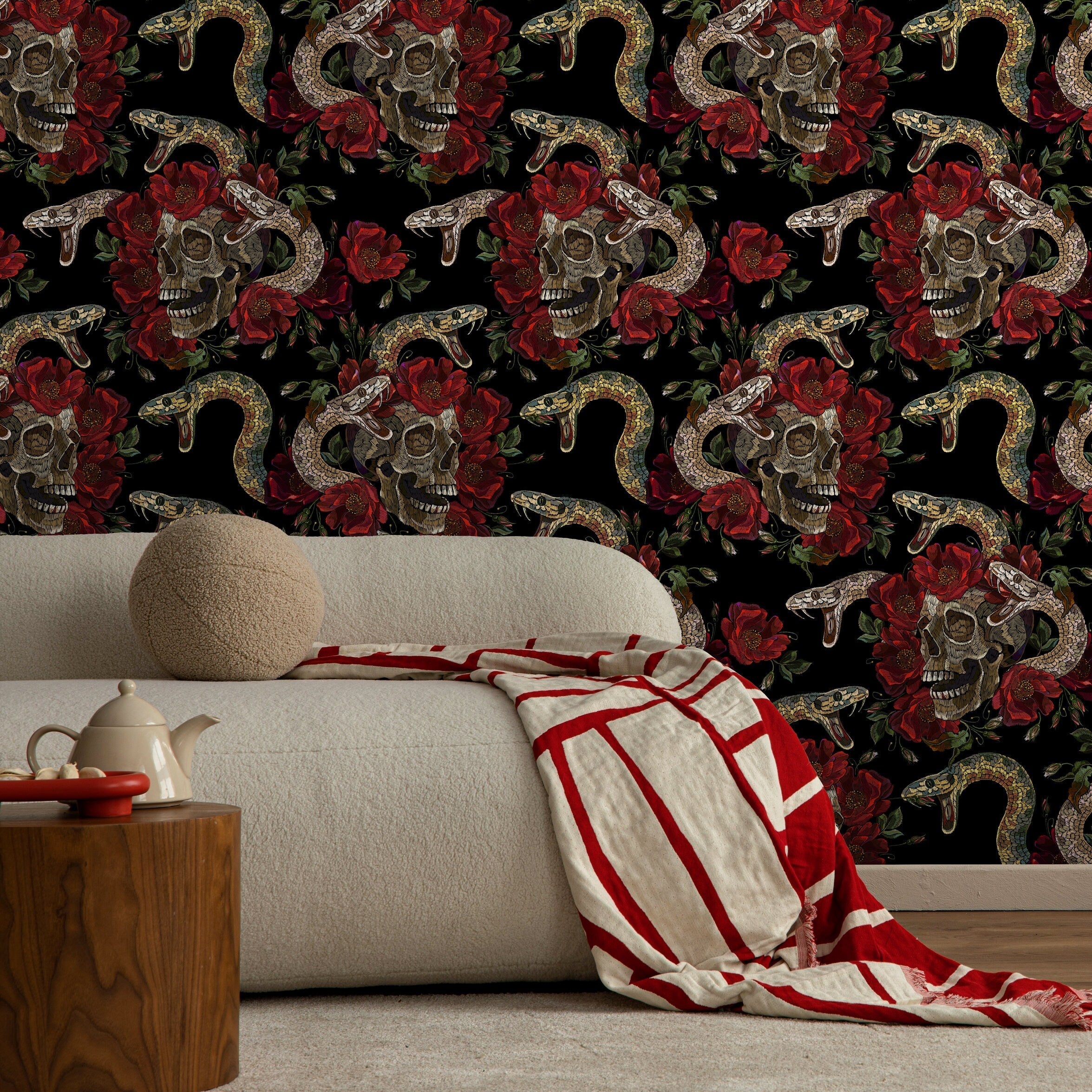 Gothic Wallpaper With An Embroidered Skull And Snake Motif In Black, Red, And Brown - D899