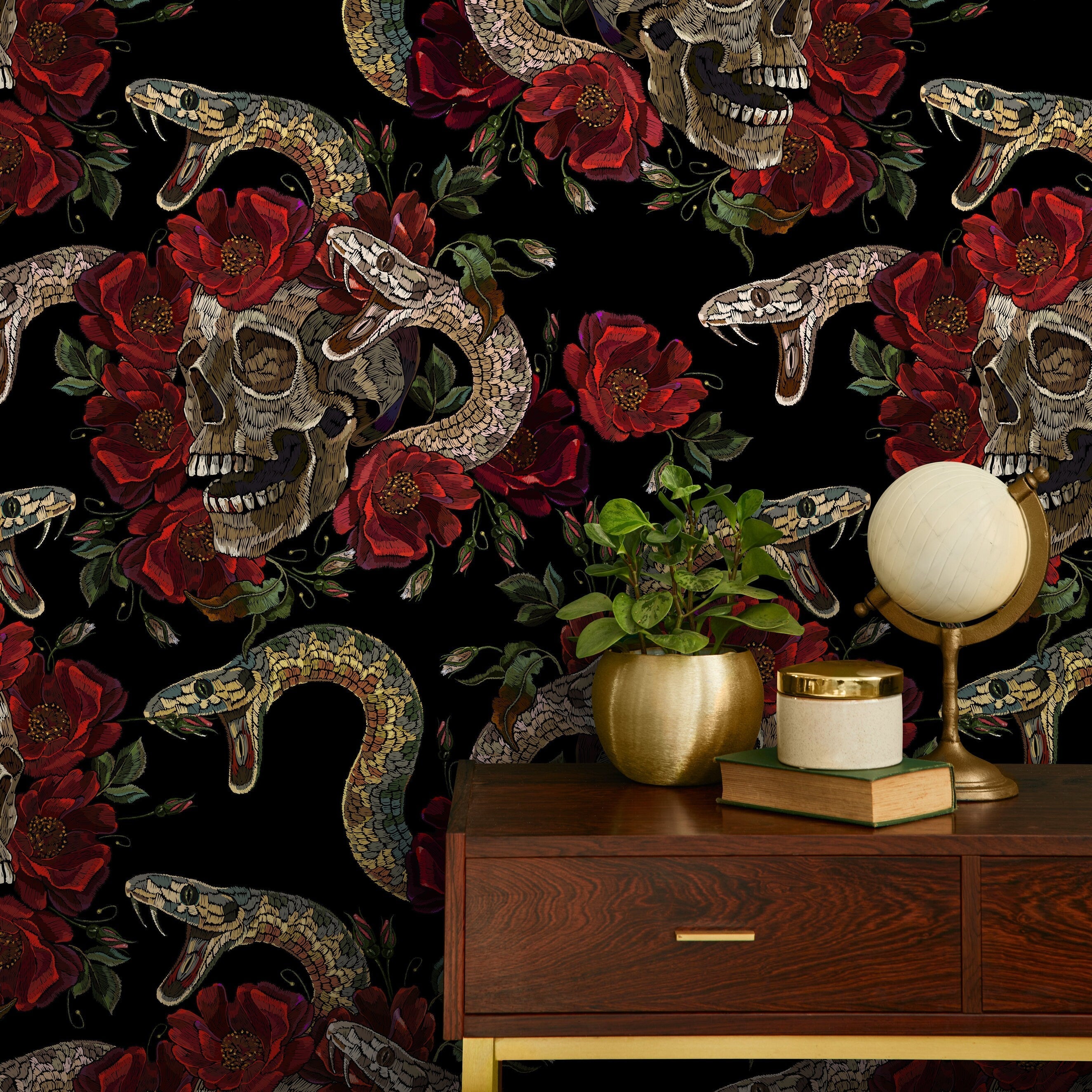 Gothic Wallpaper With An Embroidered Skull And Snake Motif In Black, Red, And Brown - D899