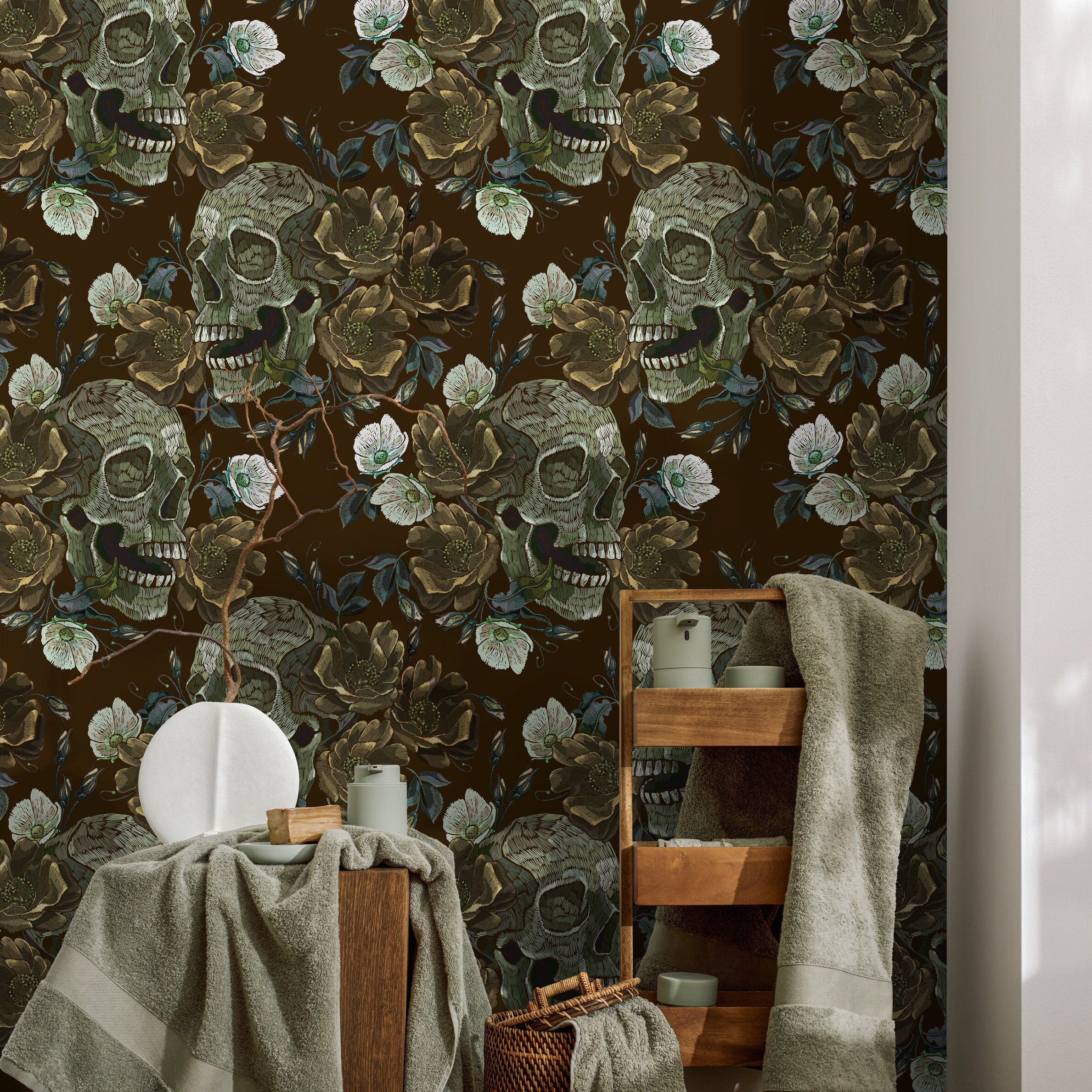 Gothic Wallpaper With Embroidered Skulls And Roses In Green And Brown - D908