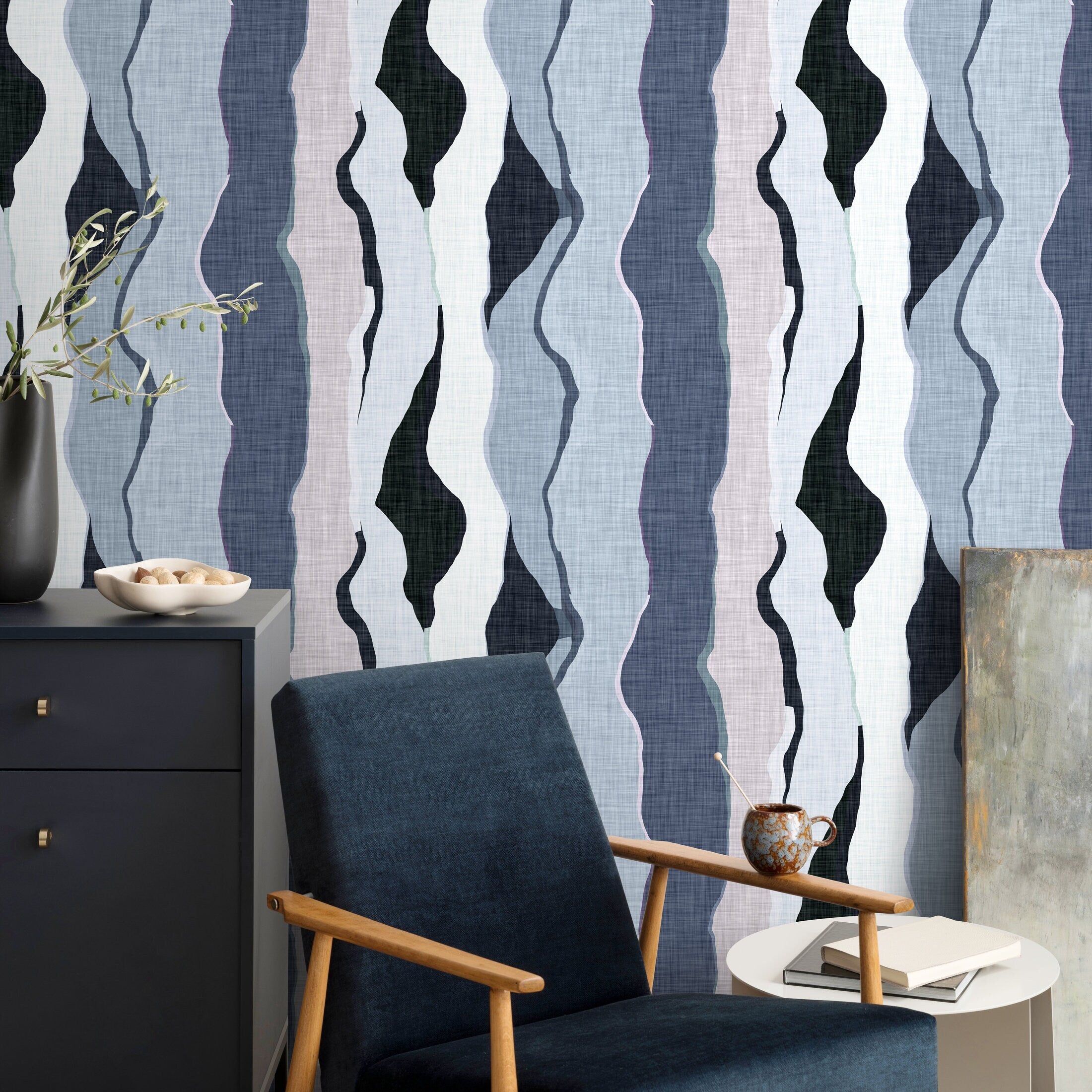 Abstract Wallpaper With Wavy Vertical Forms In Blue, Black, And Grey - D859