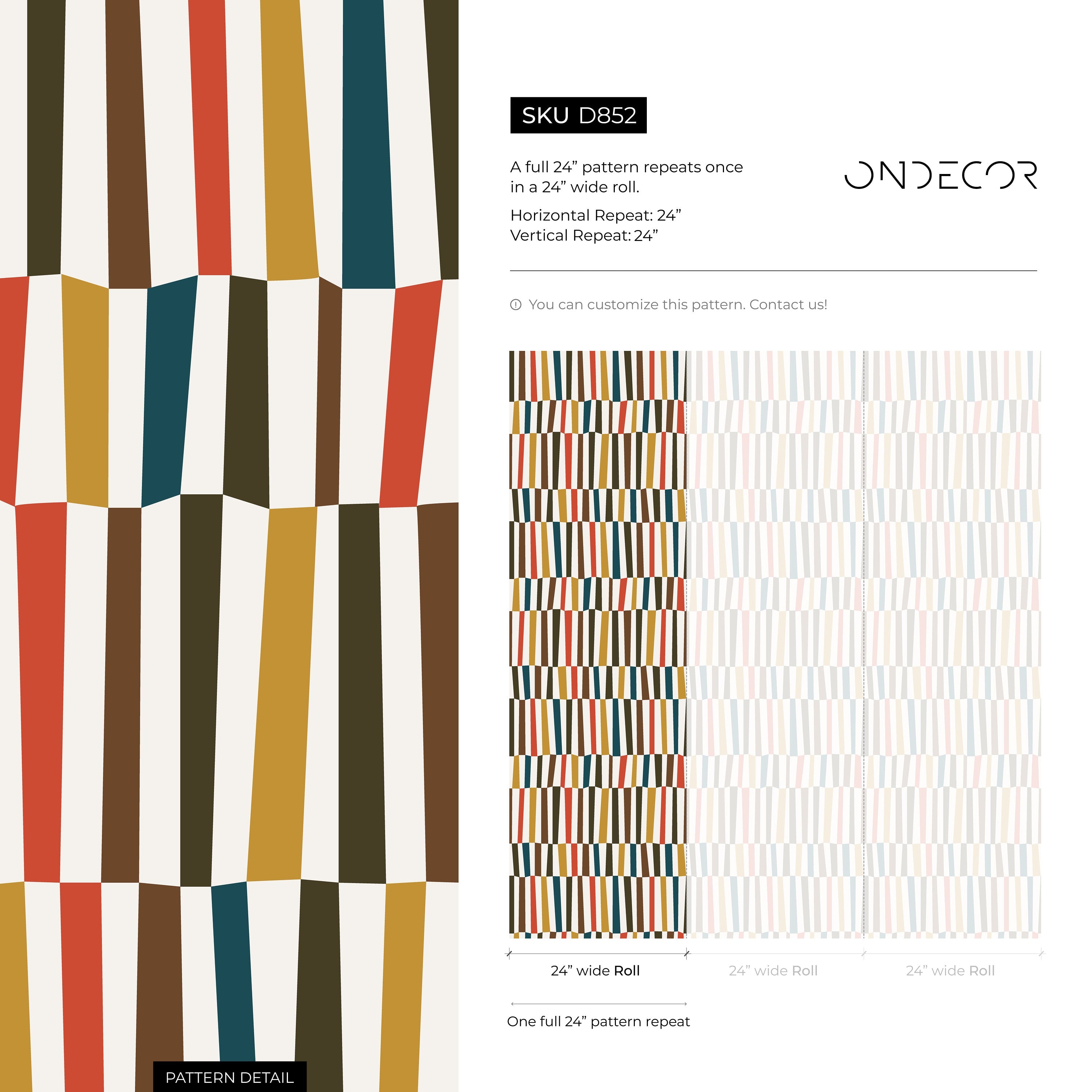 Mid Century Wallpaper With A Block Stripe Design In Teal, Mustard, And Red - D852