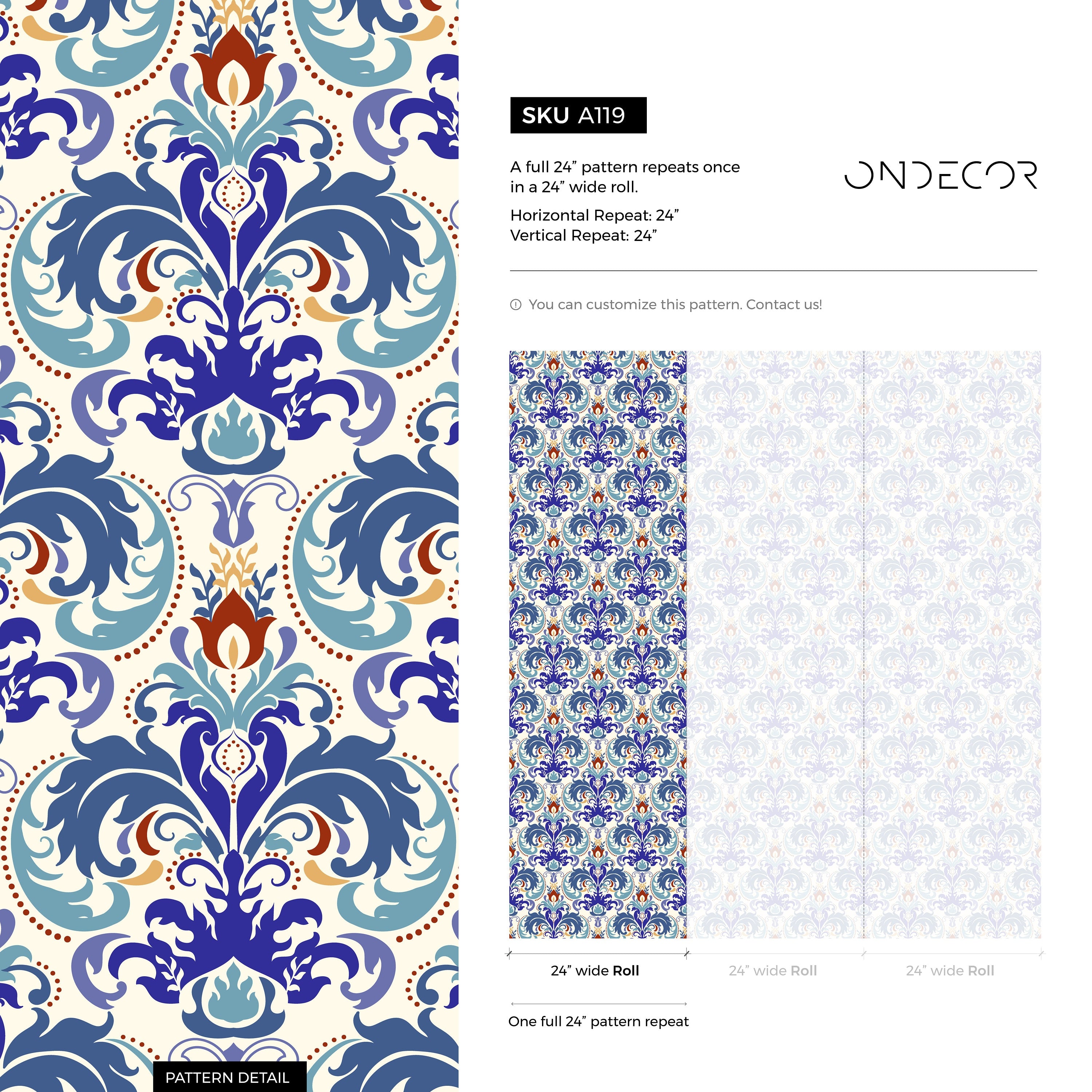 Damask Wallpaper With An Ornate Floral Motif In Blue, Red, And Gold - A119