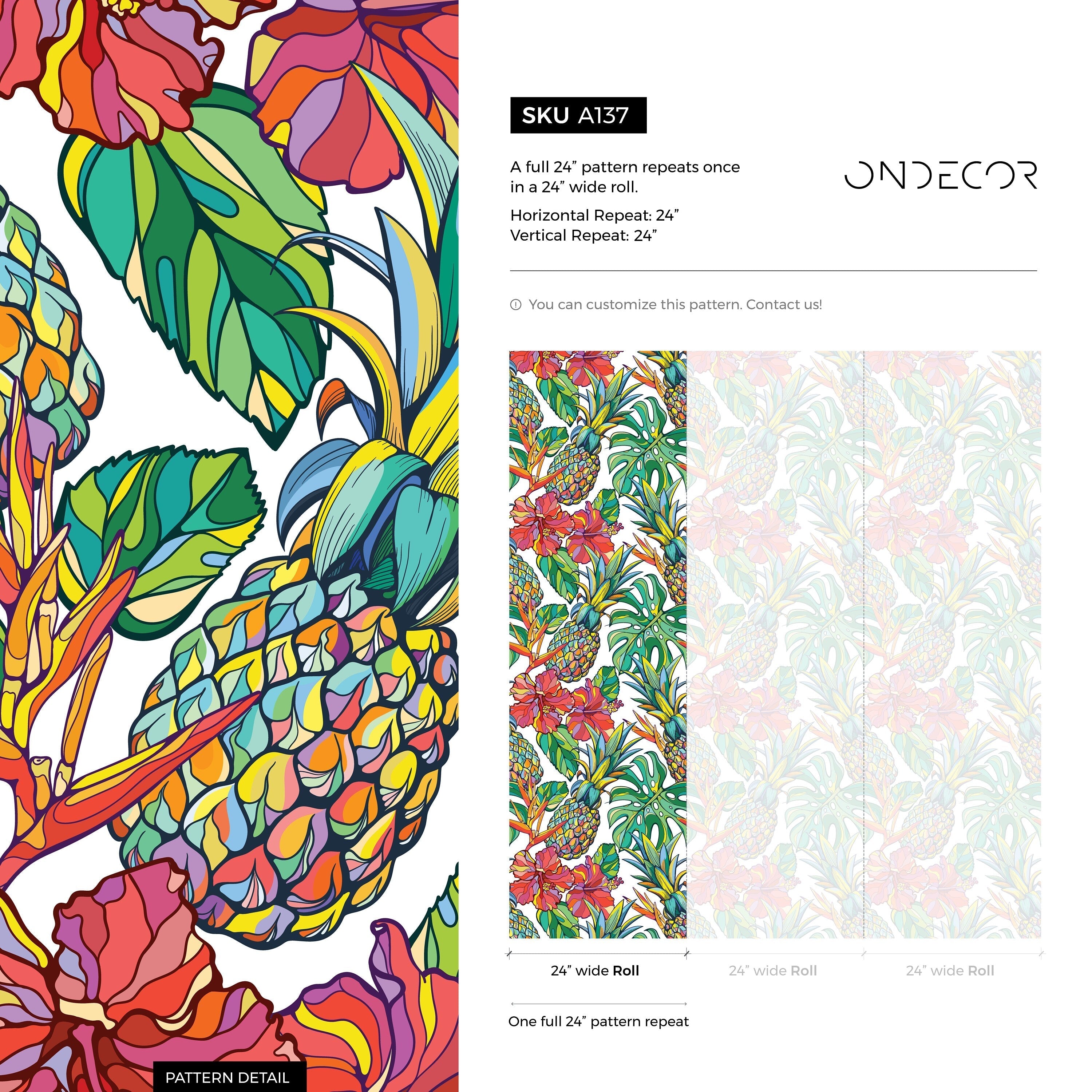 Tropical Wallpaper With Pineapples And Hibiscus In Red, Green, And Yellow - A137