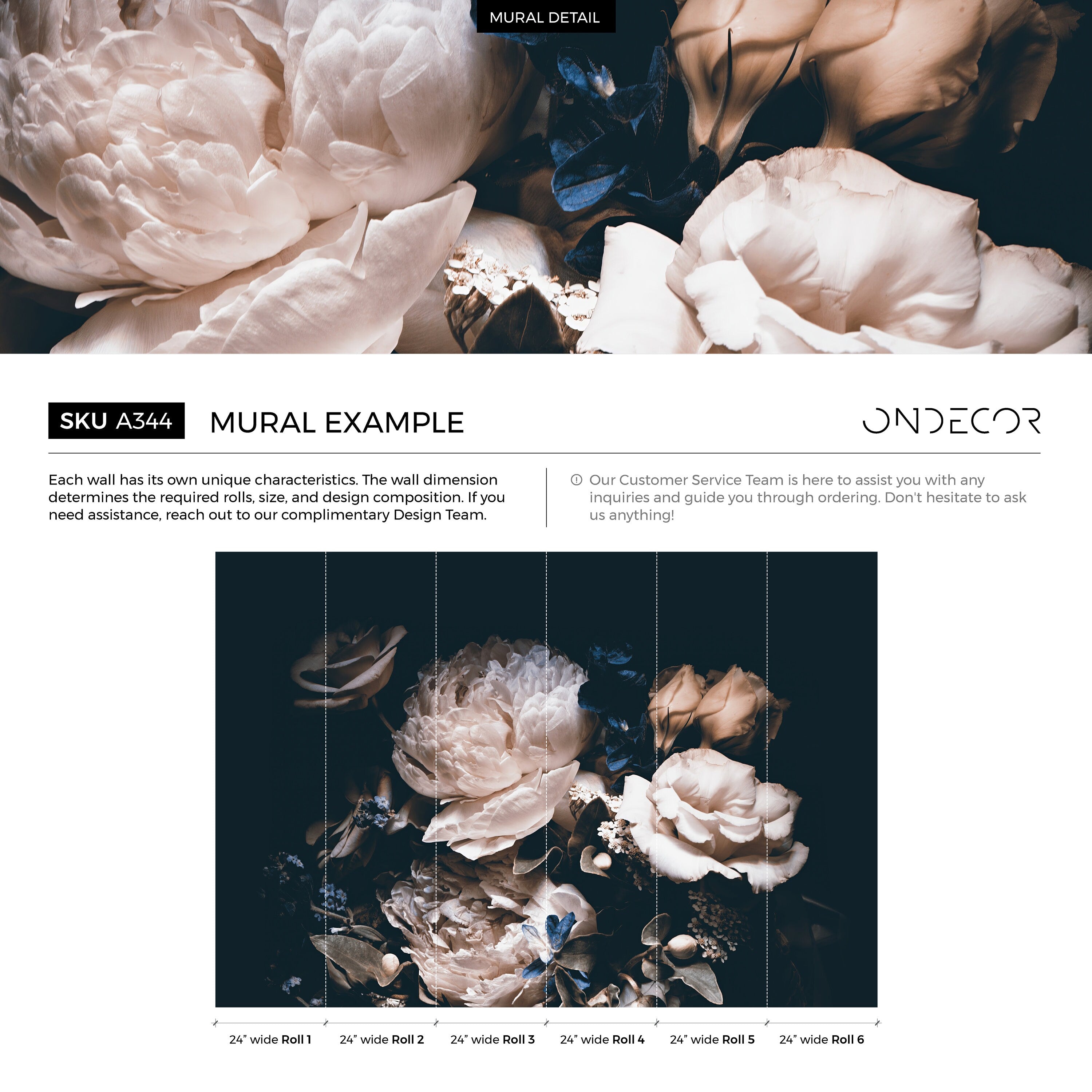 Dark Floral Wallpaper With A Moody Rose And Peony Bouquet In Cream And Blue - A344