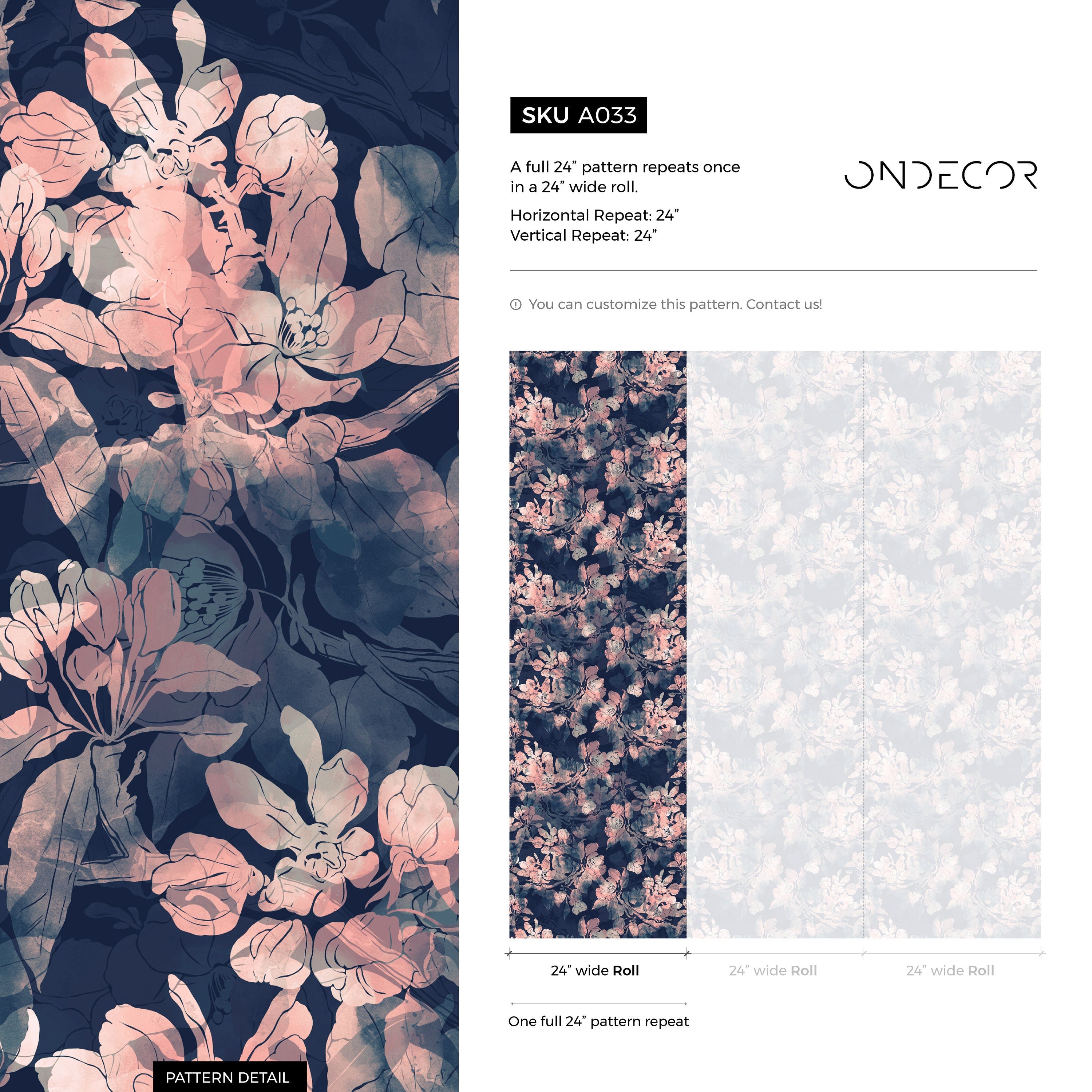 Floral Wallpaper With A Moody Blossom Motif In Navy Blue And Pink - A033