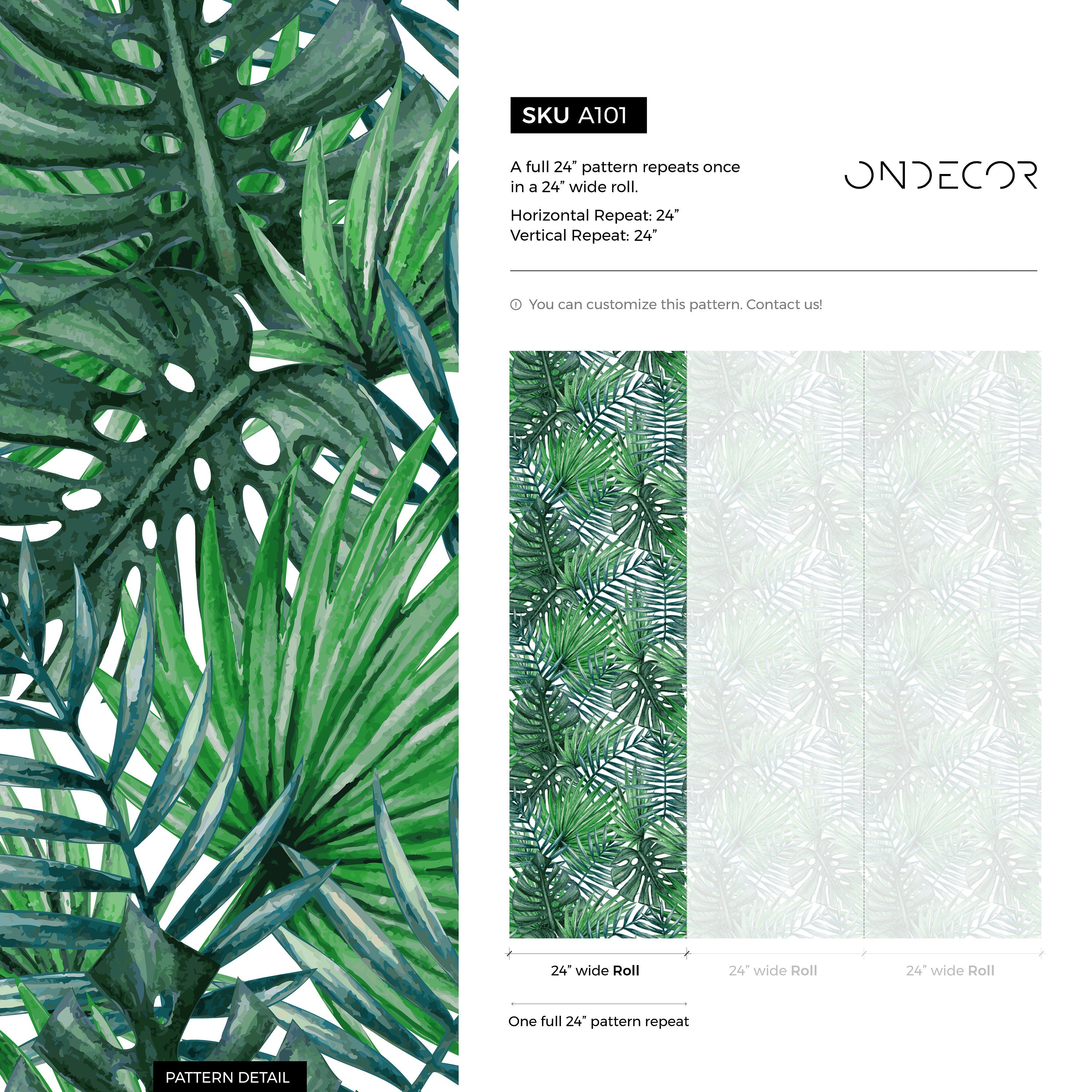 Tropical Wallpaper With Monstera And Palm Leaves In Green - A101