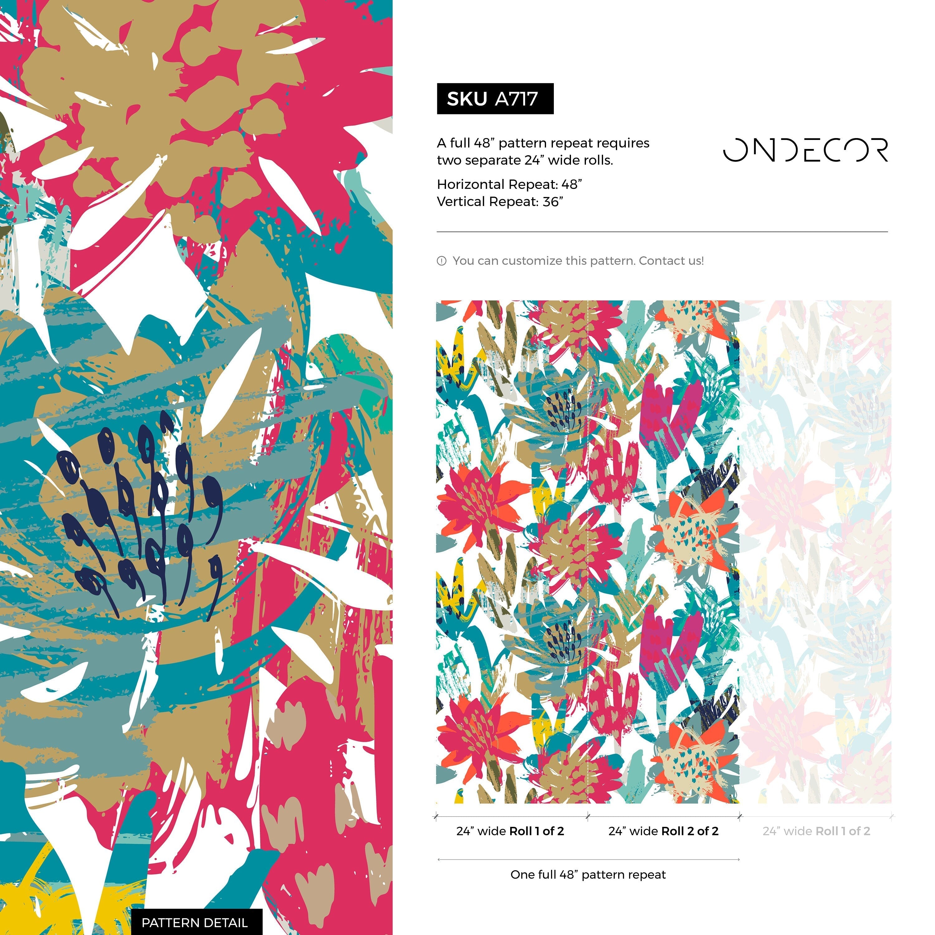Abstract Wallpaper With Bold Brushstroke Flowers In Pink, Teal, And Yellow - A717