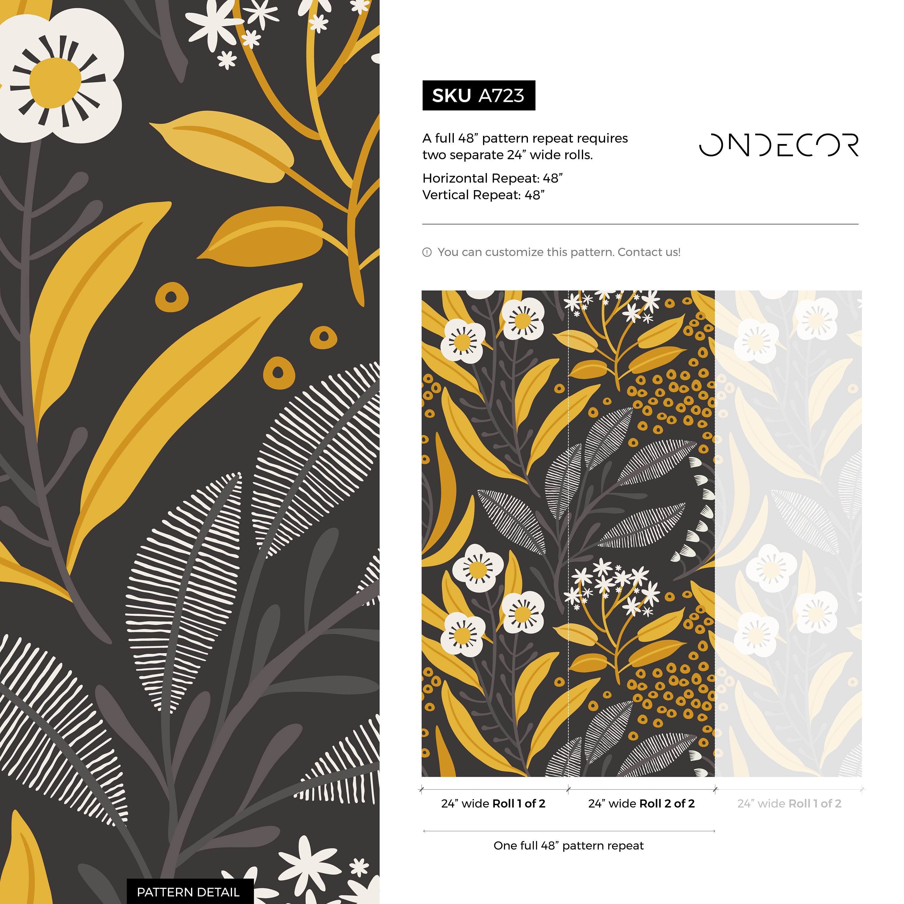 Floral Wallpaper With A Scandinavian Folk Art Motif In Yellow, White, And Grey - A723