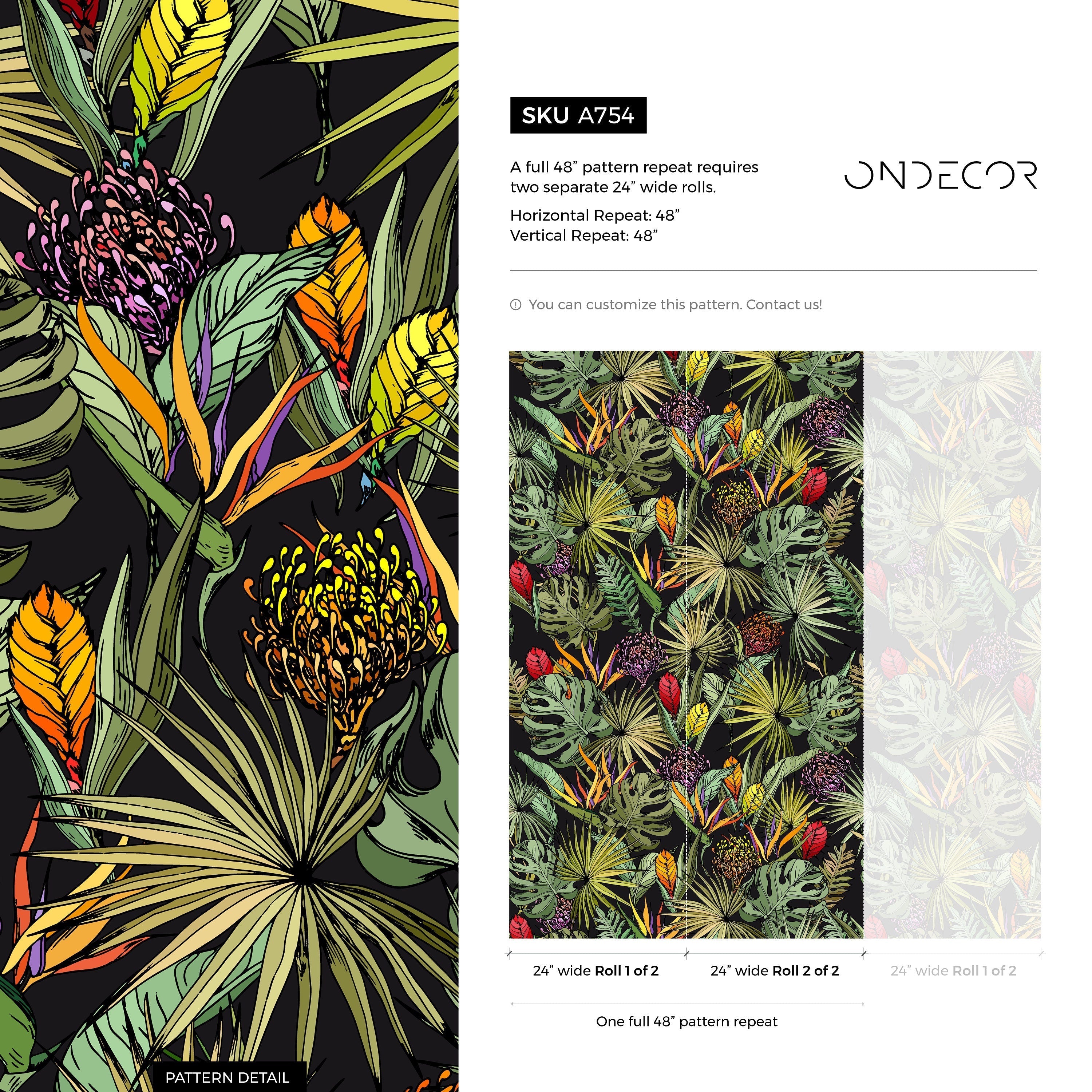 Tropical Wallpaper With Exotic Jungle Leaves In Green, Red, And Orange - A754