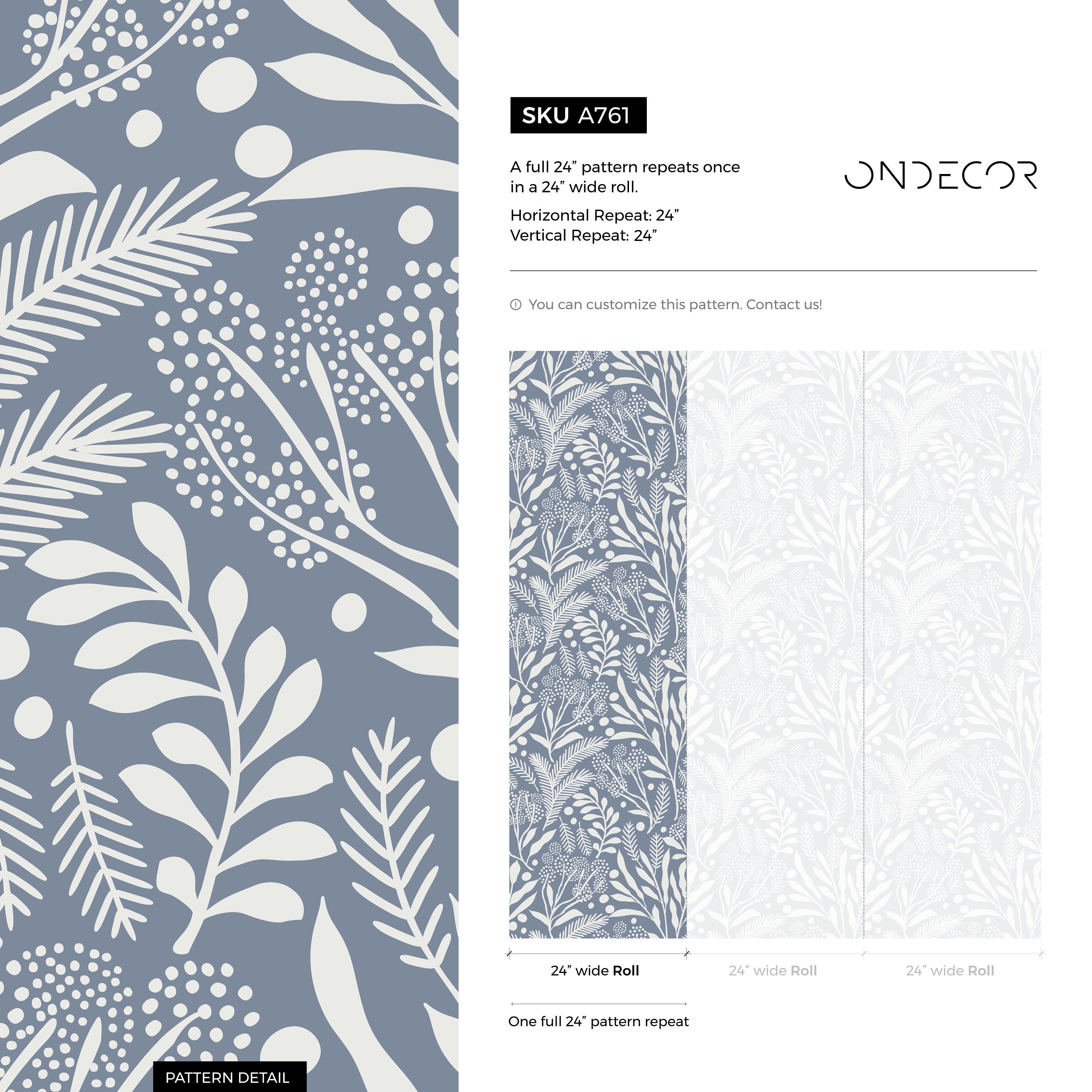 Botanical Wallpaper With A Foliage And Berry Motif In Blue And Off-white - A761