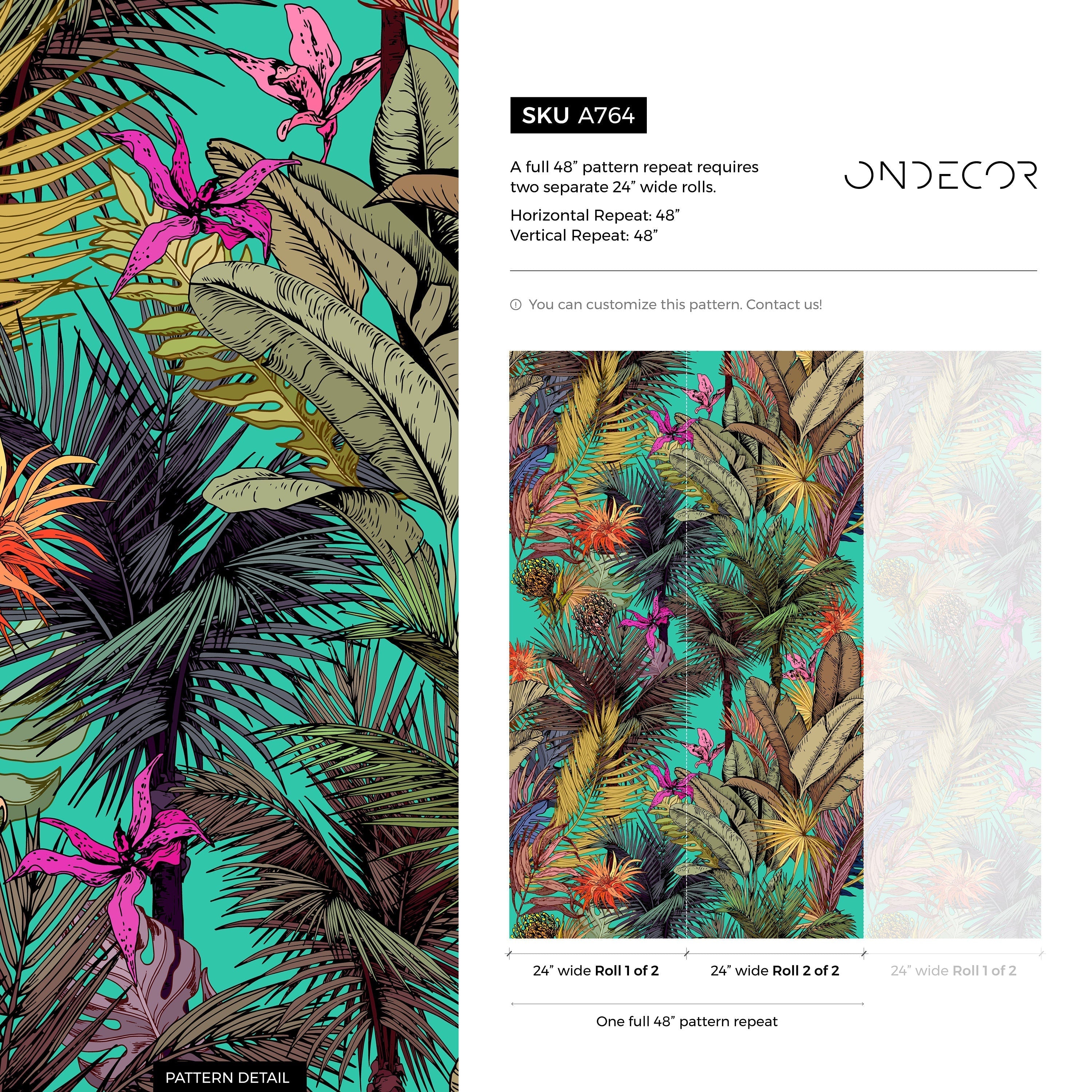 Tropical Wallpaper Featuring Exotic Jungle Leaves In Teal, Pink, And Gold - A764