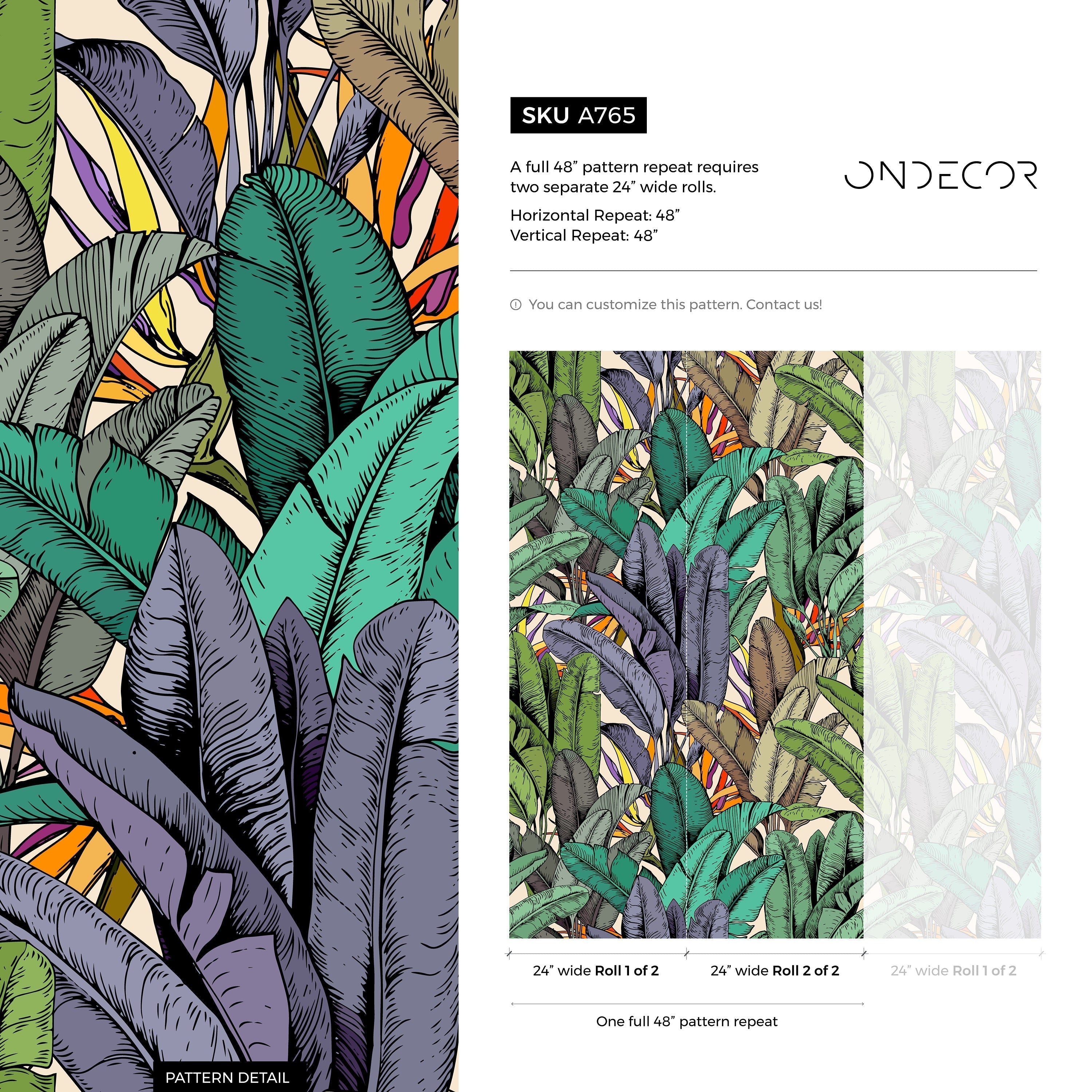 Tropical Wallpaper Featuring Illustrated Banana Leaves In Green, Purple, And Orange - A765