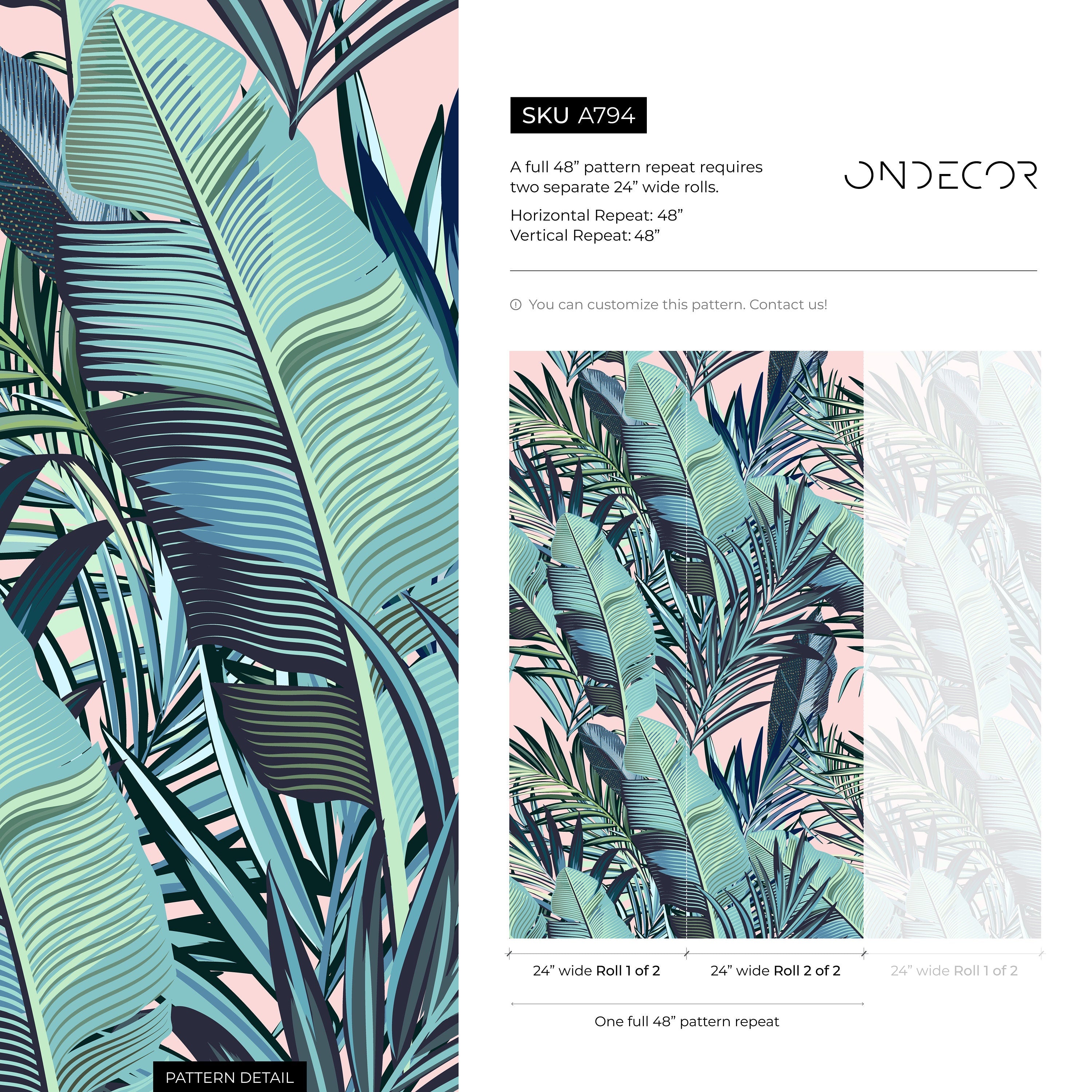 Tropical Wallpaper With Layered Palm And Banana Leaves In Pink, Teal, And Green - A794