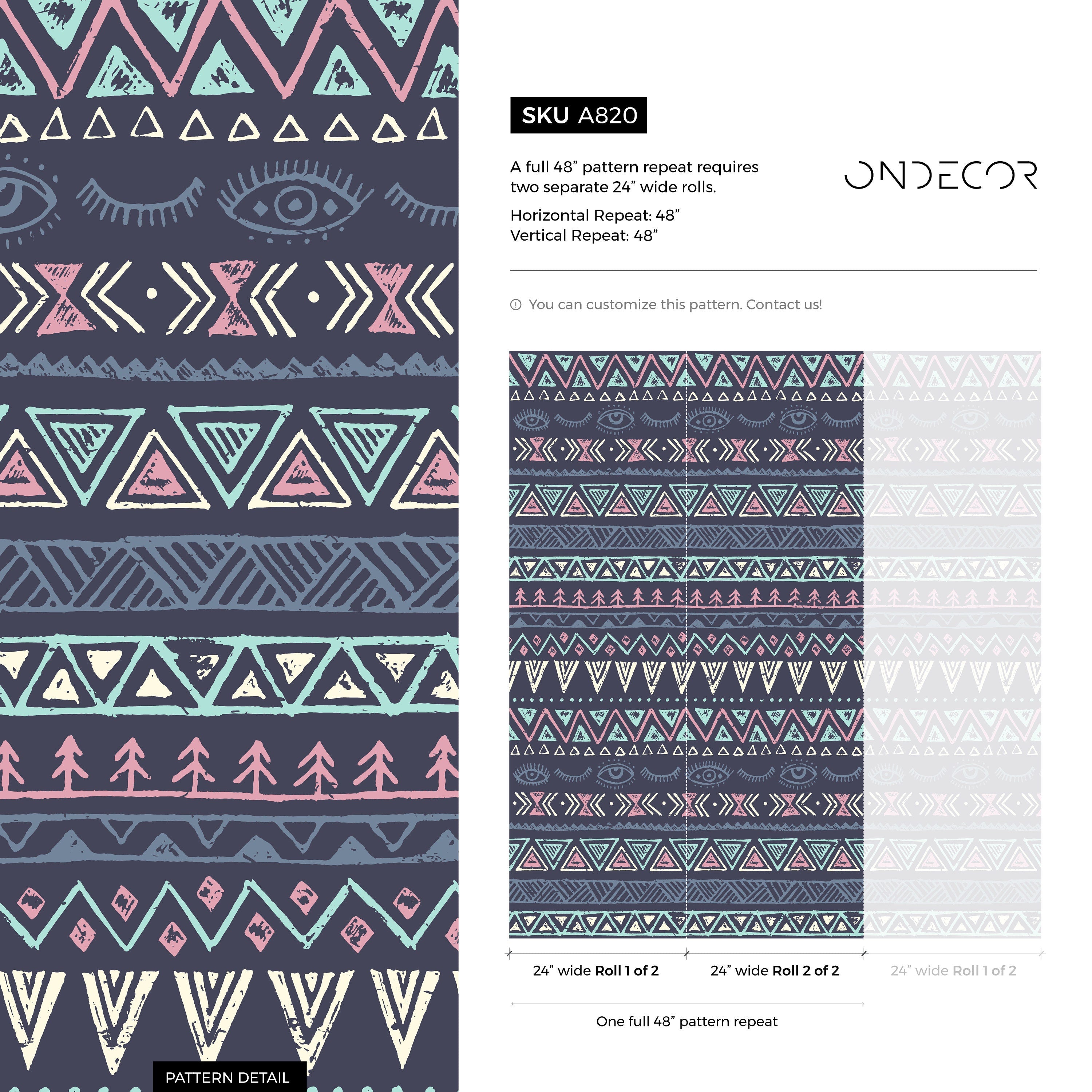 Bohemian Wallpaper With Tribal Eye Motifs In Navy, Pink, And Teal - A820