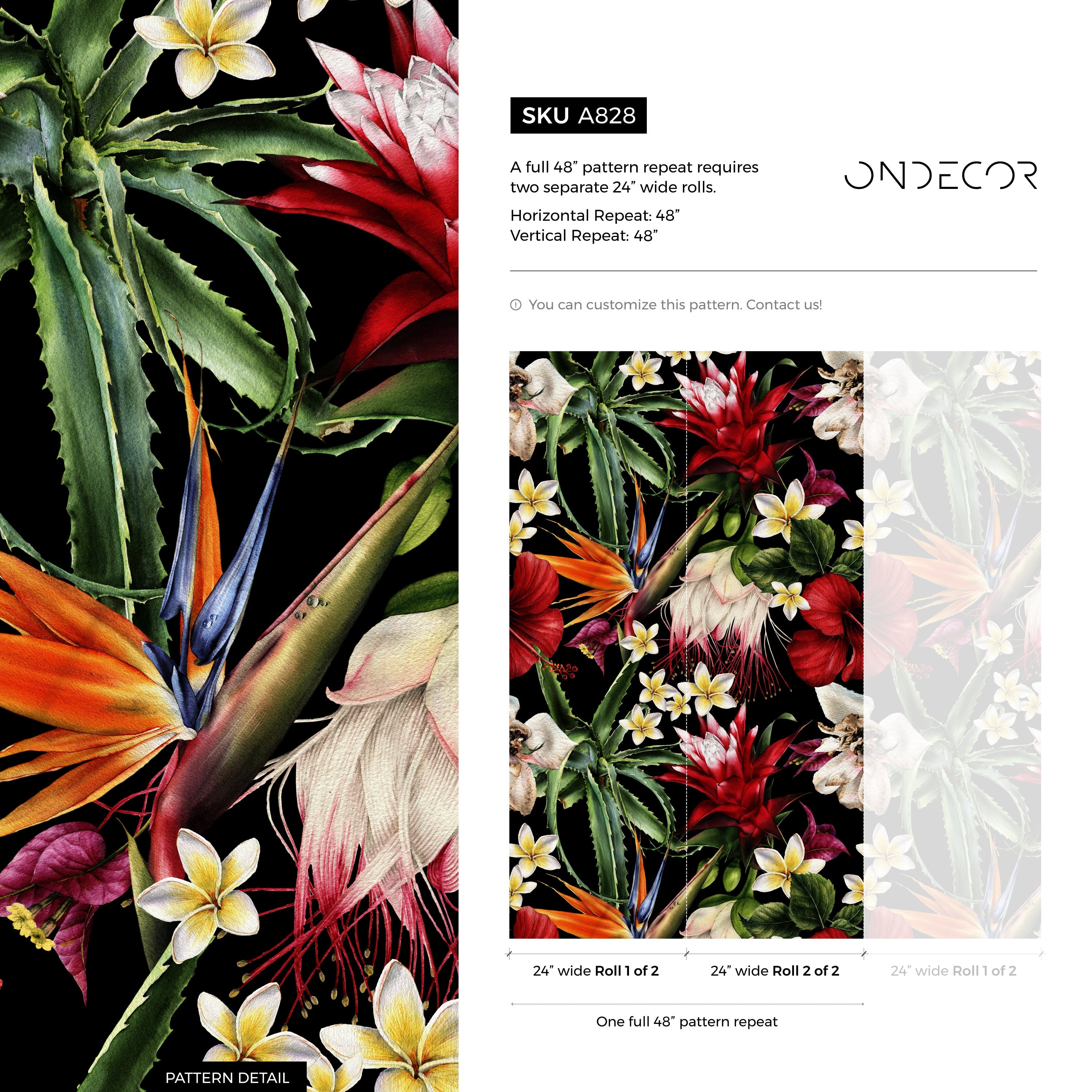 Tropical Wallpaper With Exotic Flowers And Leaves In Red, Orange, And Green - A828