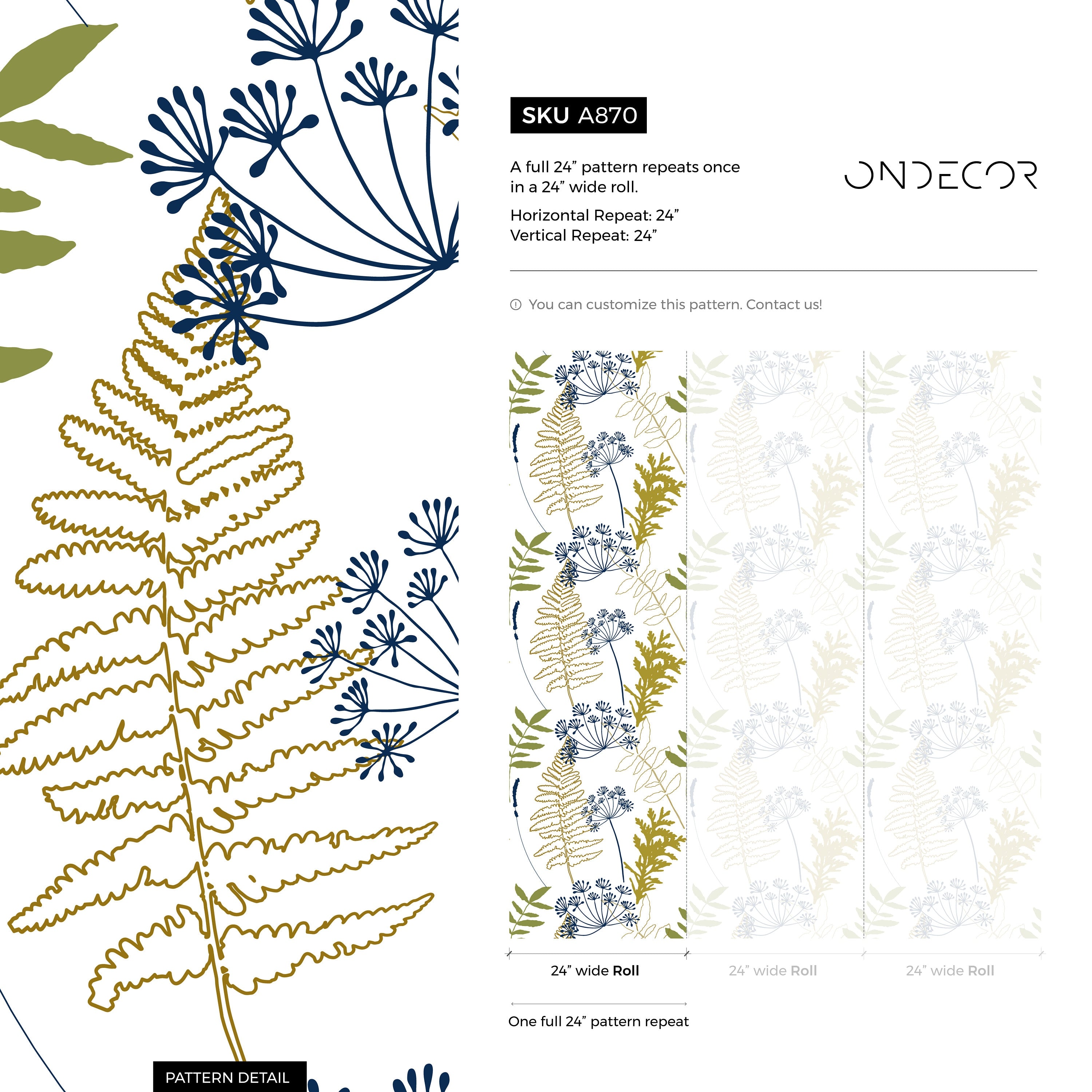 Botanical Wallpaper With Ferns And Wildflowers In Navy, Olive, And Gold - A870