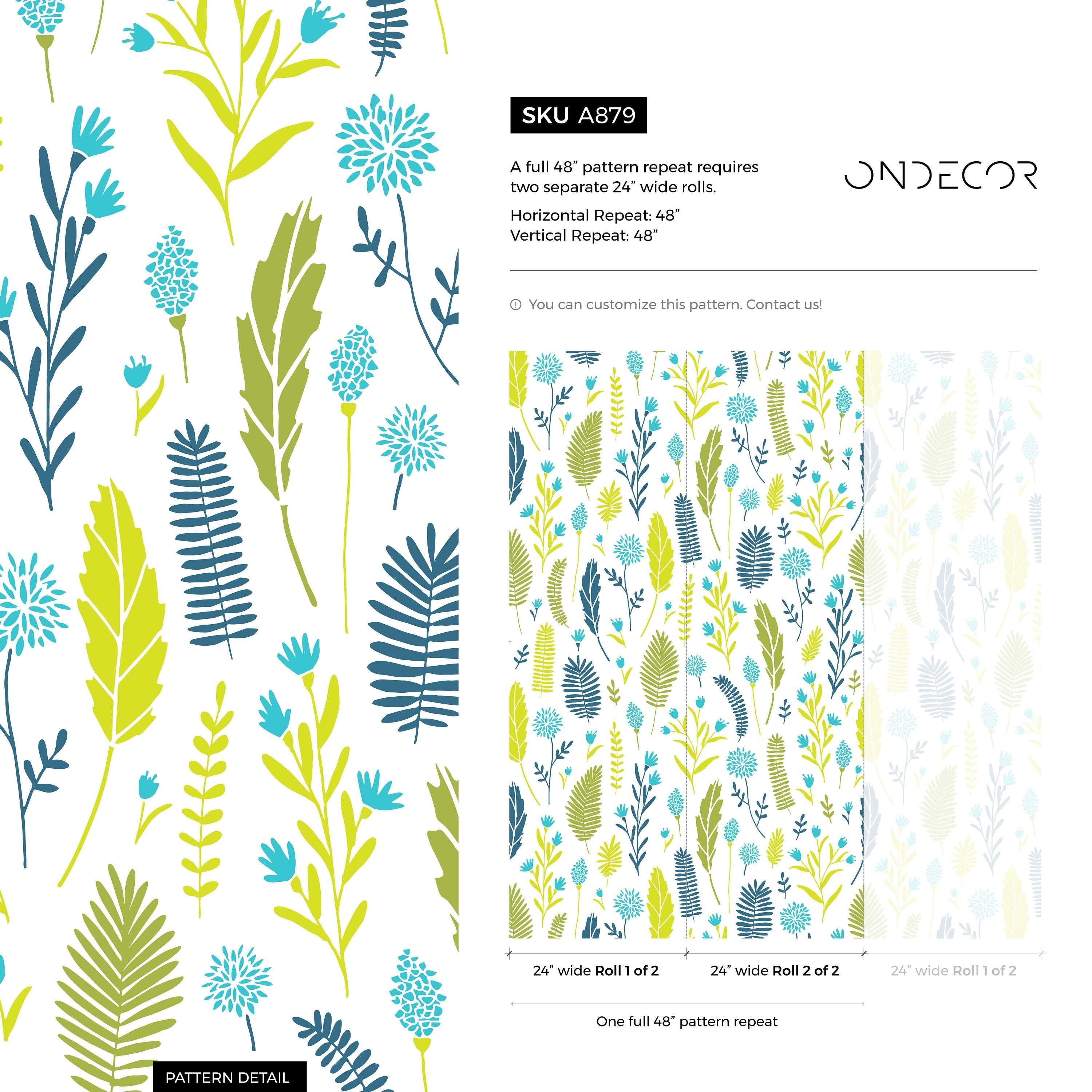 Botanical Wallpaper With Stylized Leaves In Green, Teal, And Blue - A879
