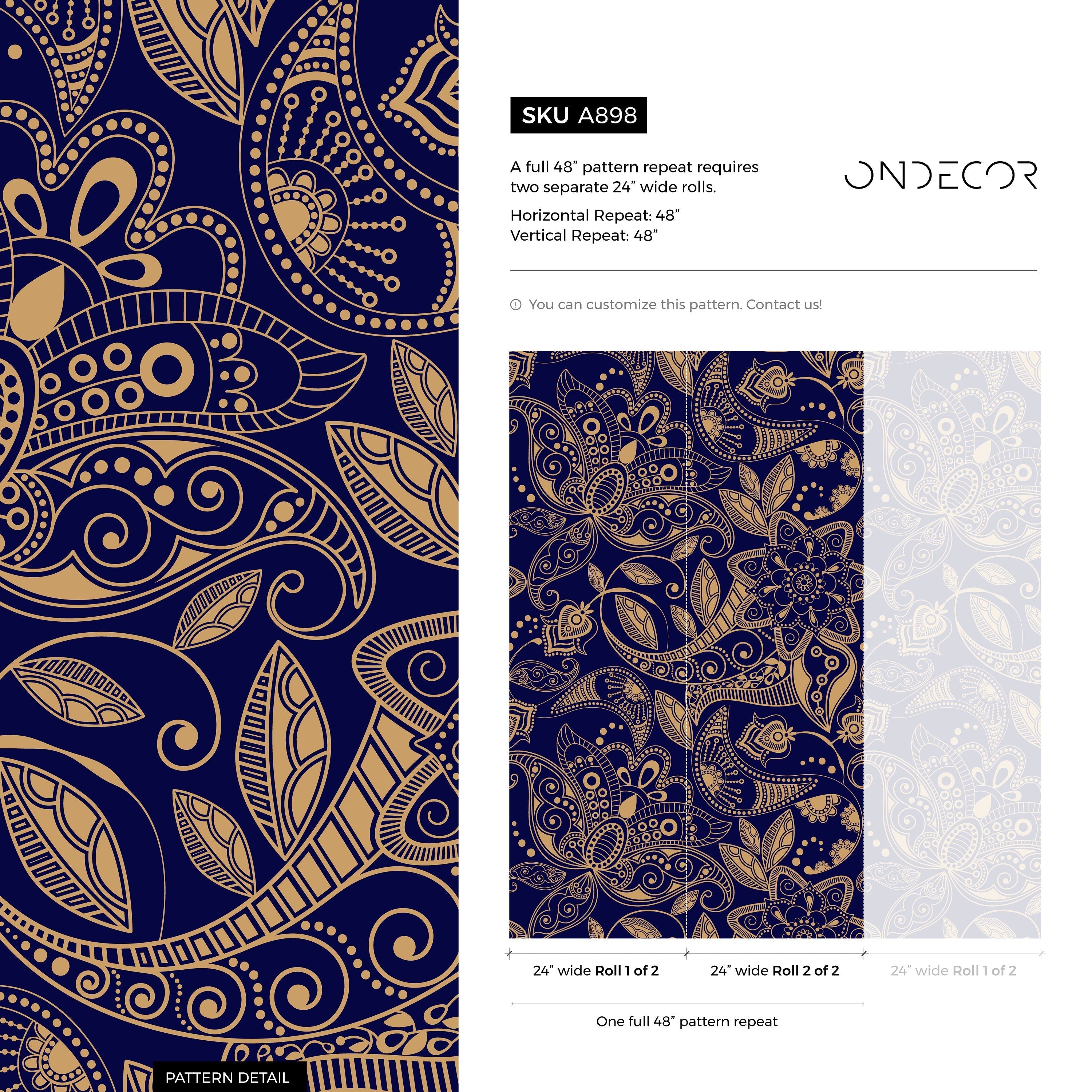 Paisley Wallpaper With An Intricate Ornamental Motif In Blue And Gold - A898