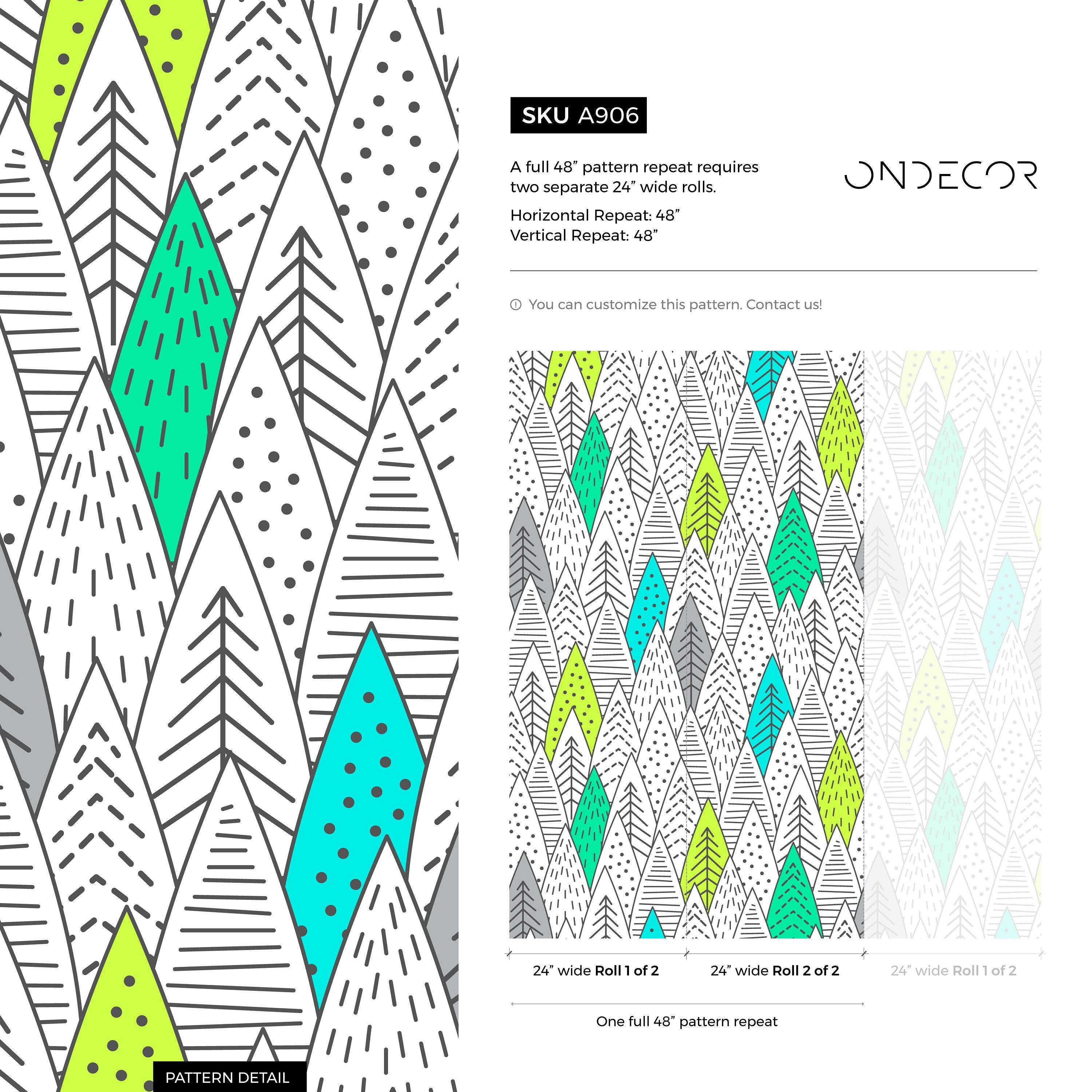 Scandinavian Wallpaper With A Hand-drawn Tree Pattern In Green, Teal, And Grey - A906