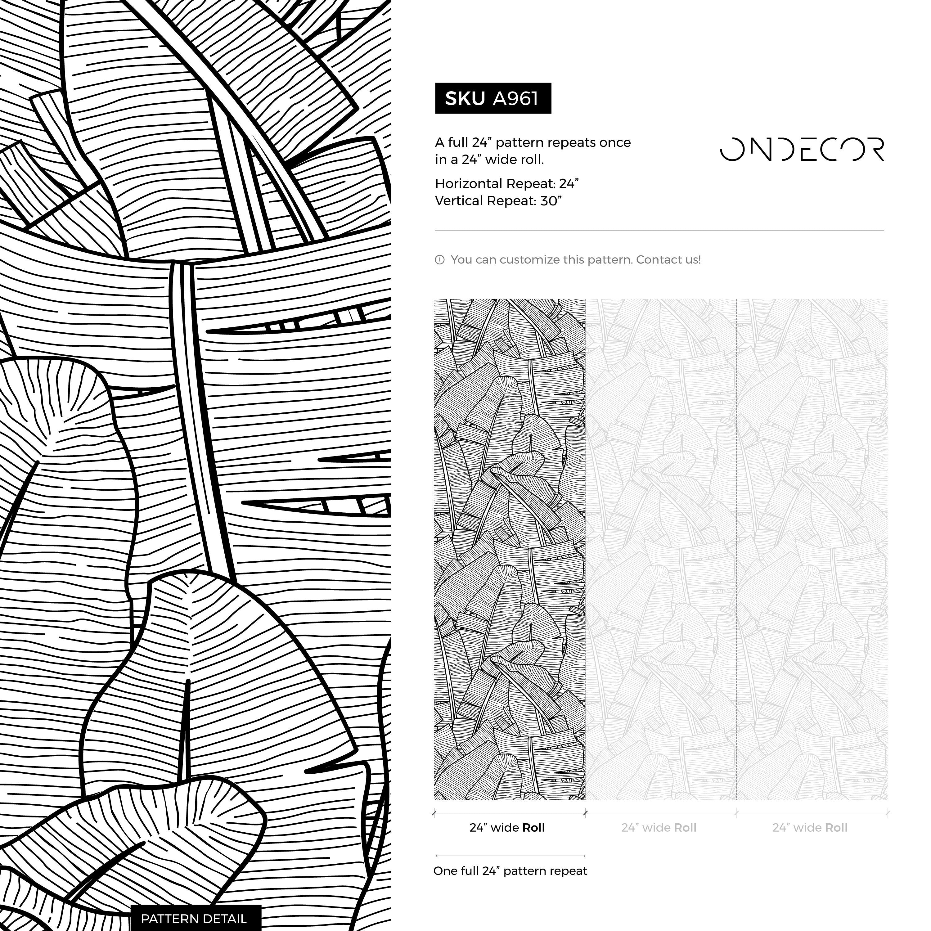 Botanical Wallpaper Featuring A Line Art Banana Leaf Motif In Black And White - A961