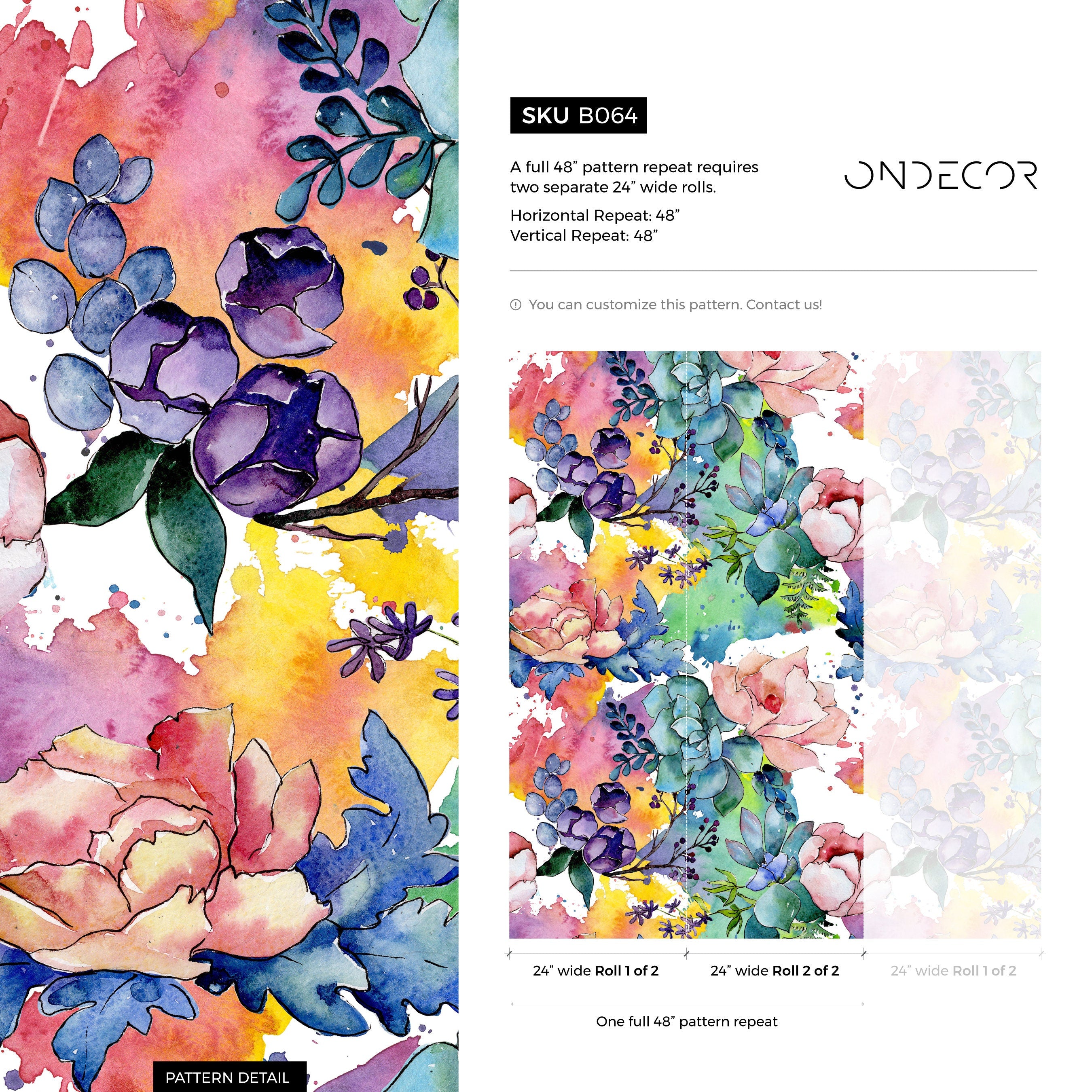 Watercolor Floral Wallpaper With Peonies And Succulents In Pink And Blue - B064