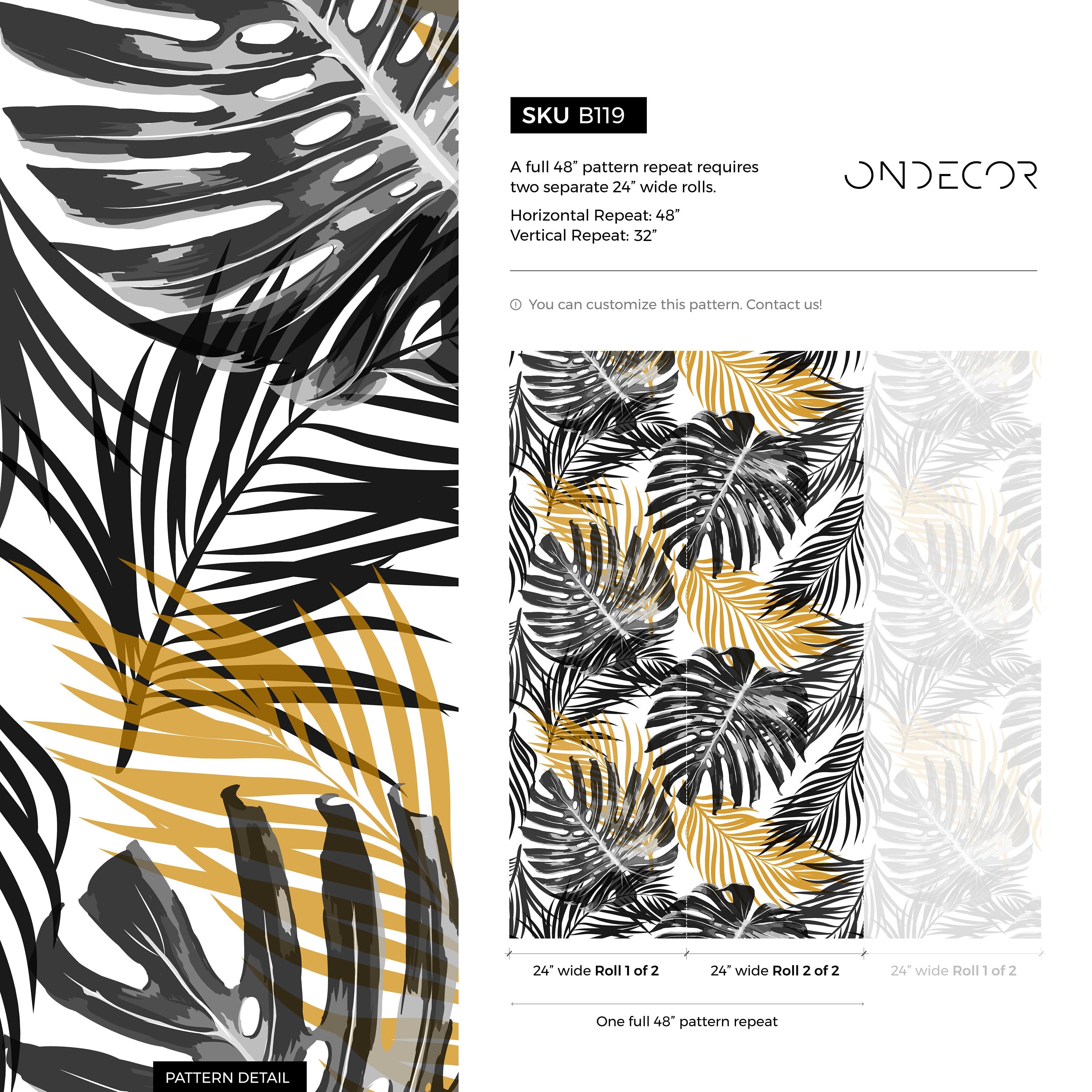 Botanical Wallpaper With Tropical Monstera Leaves In Black, Gray, And Gold - B119