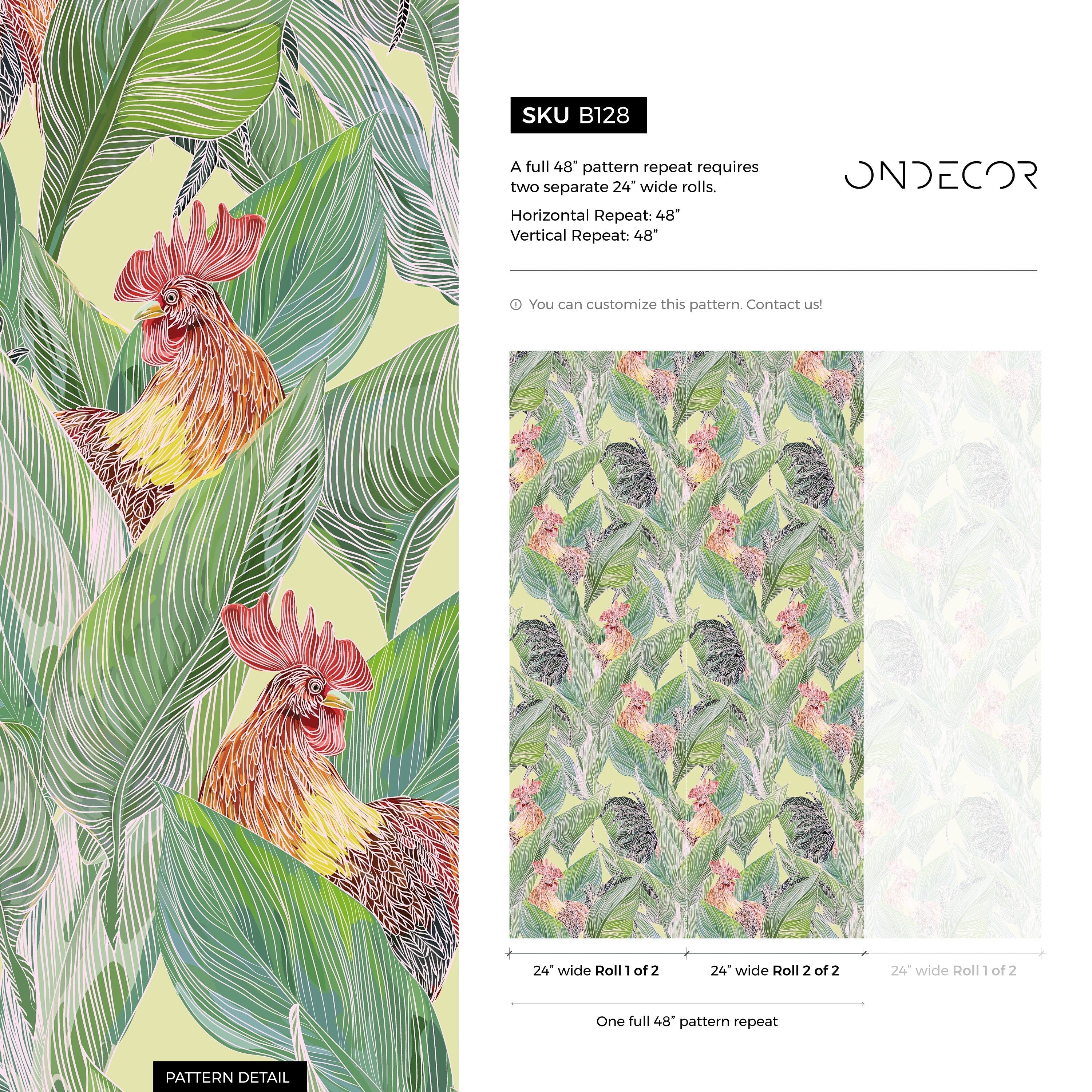 Animal Wallpaper Featuring Jungle Roosters In Green, Red, And Yellow - B128