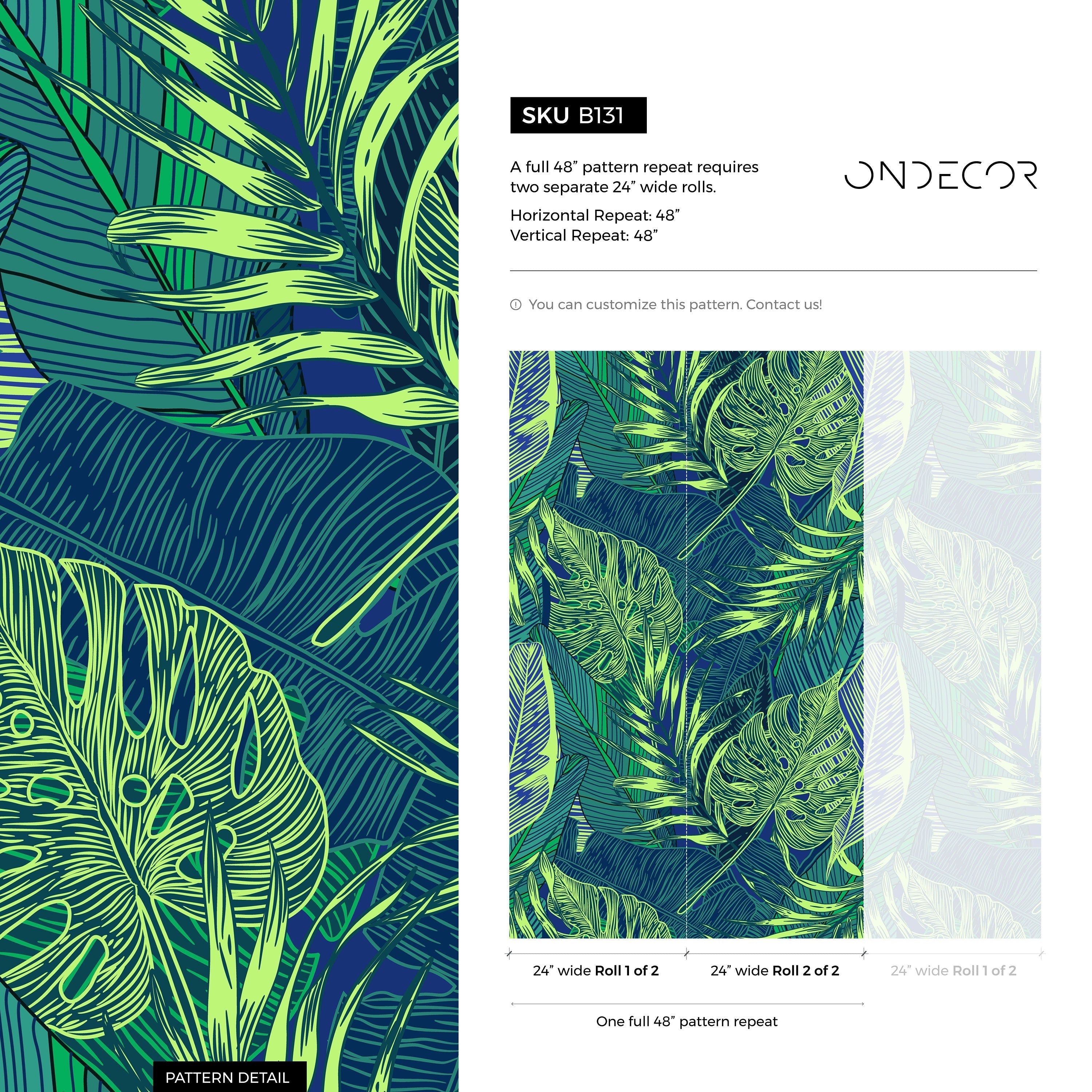 Botanical Wallpaper With A Graphic Jungle Leaf Motif In Green And Blue - B131