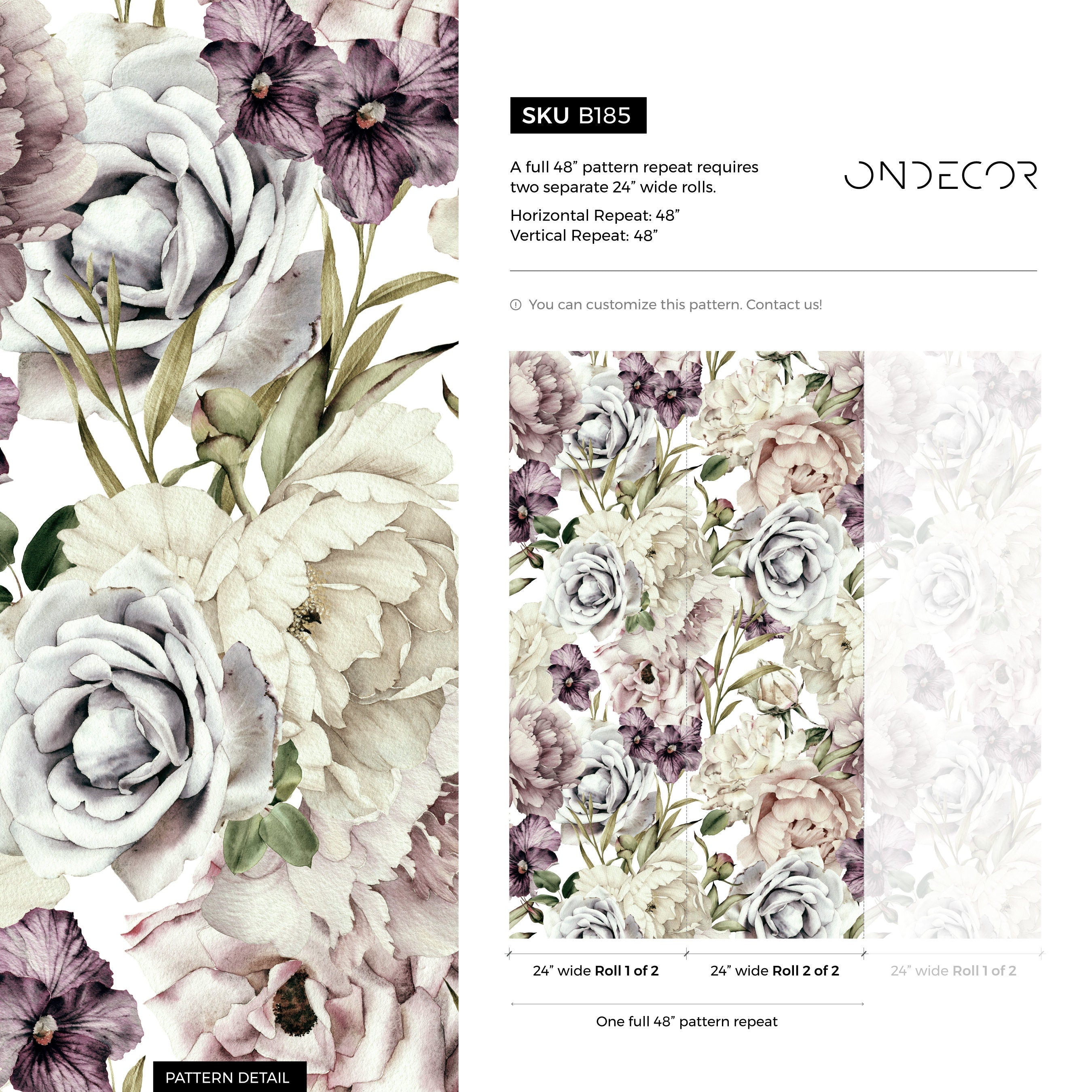 Floral Wallpaper With Vintage Peonies And Roses In Mauve And Purple - B185