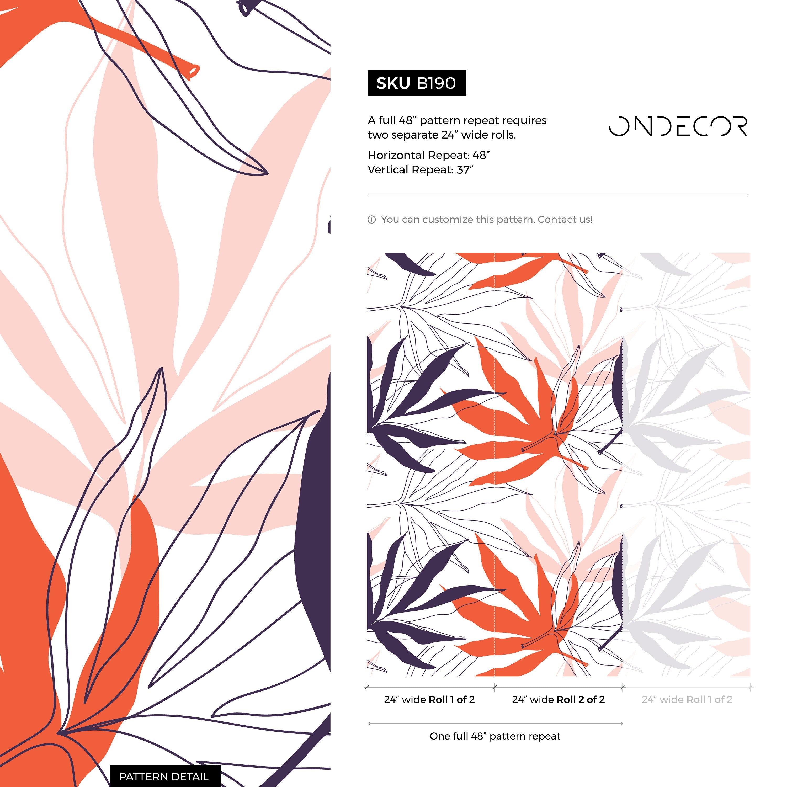 Botanical Wallpaper With Abstract Tropical Leaves In Purple And Orange - B190