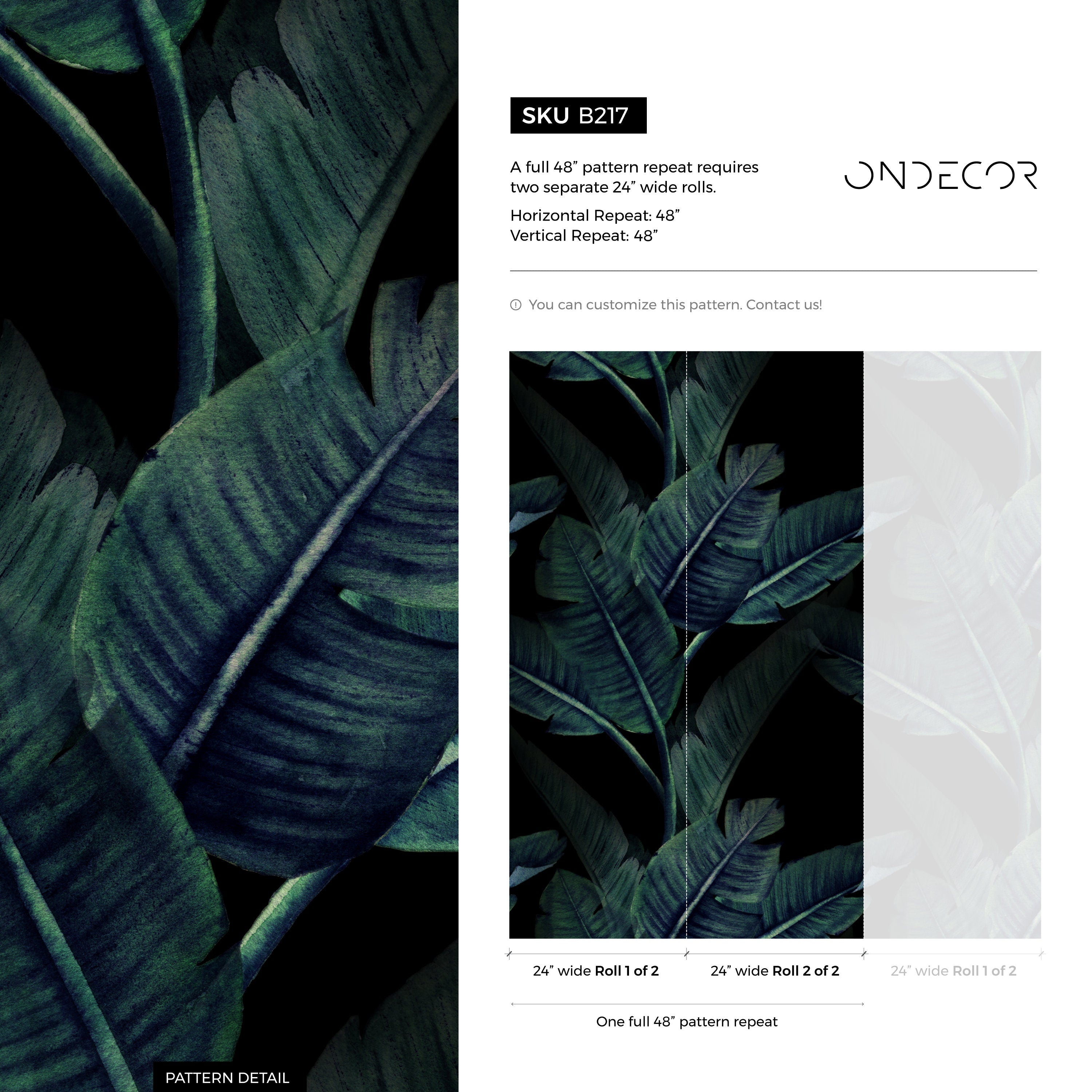 Botanical Wallpaper Featuring Large Banana Leaves In Green And Black - B217
