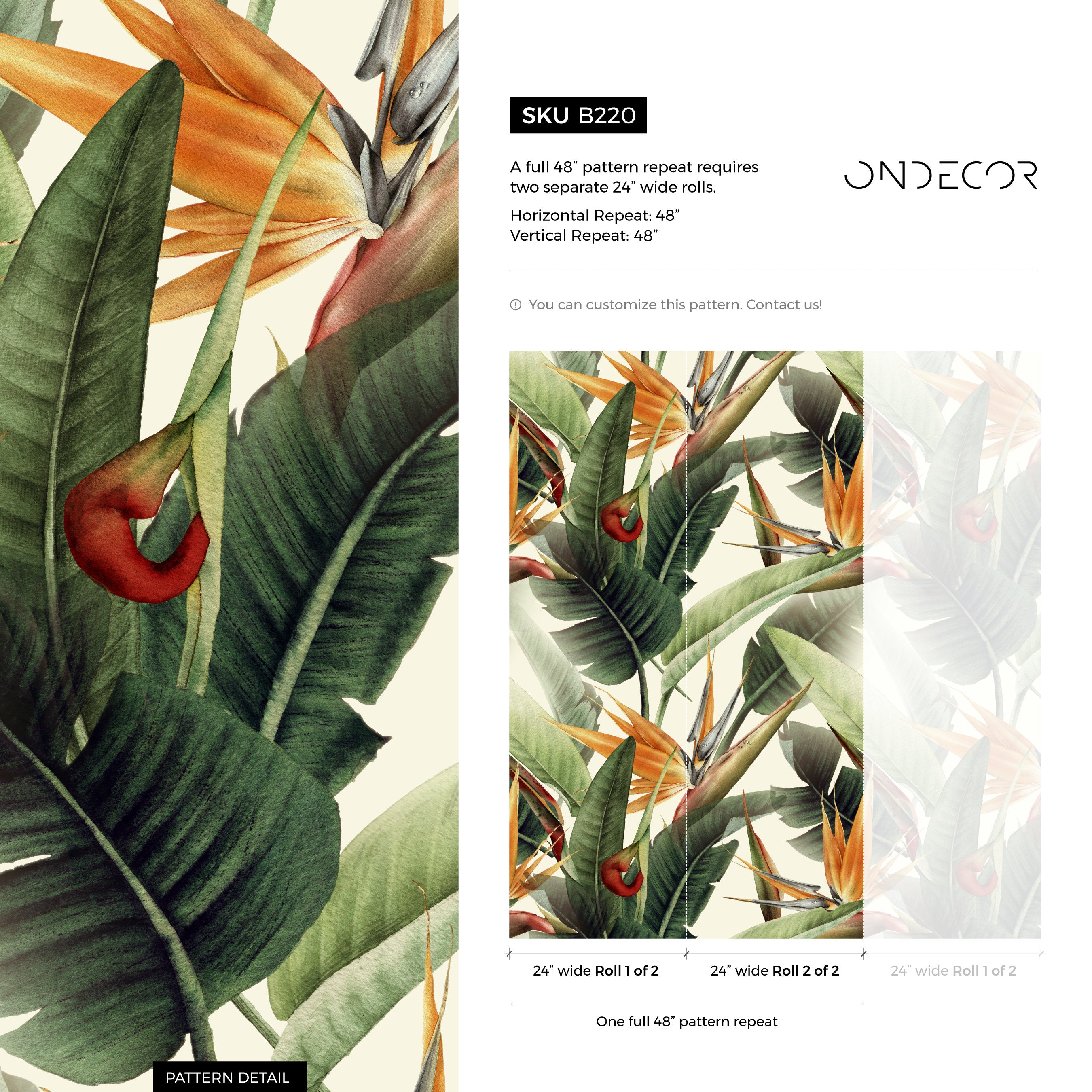 Botanical Wallpaper Featuring Bird Of Paradise Flowers In Green, Orange, And Red - B220