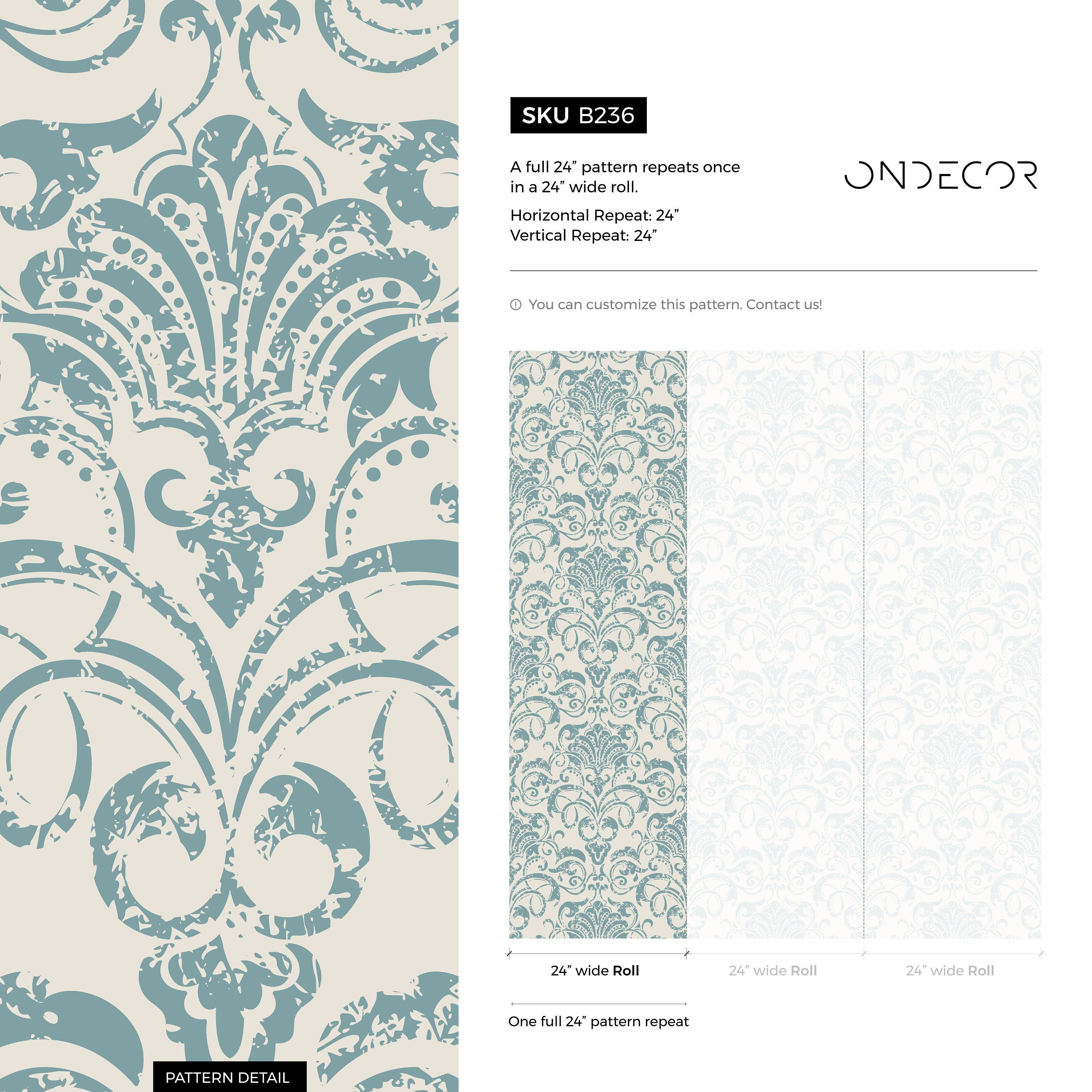 Damask Wallpaper With A Distressed Motif In Blue And Cream - B236