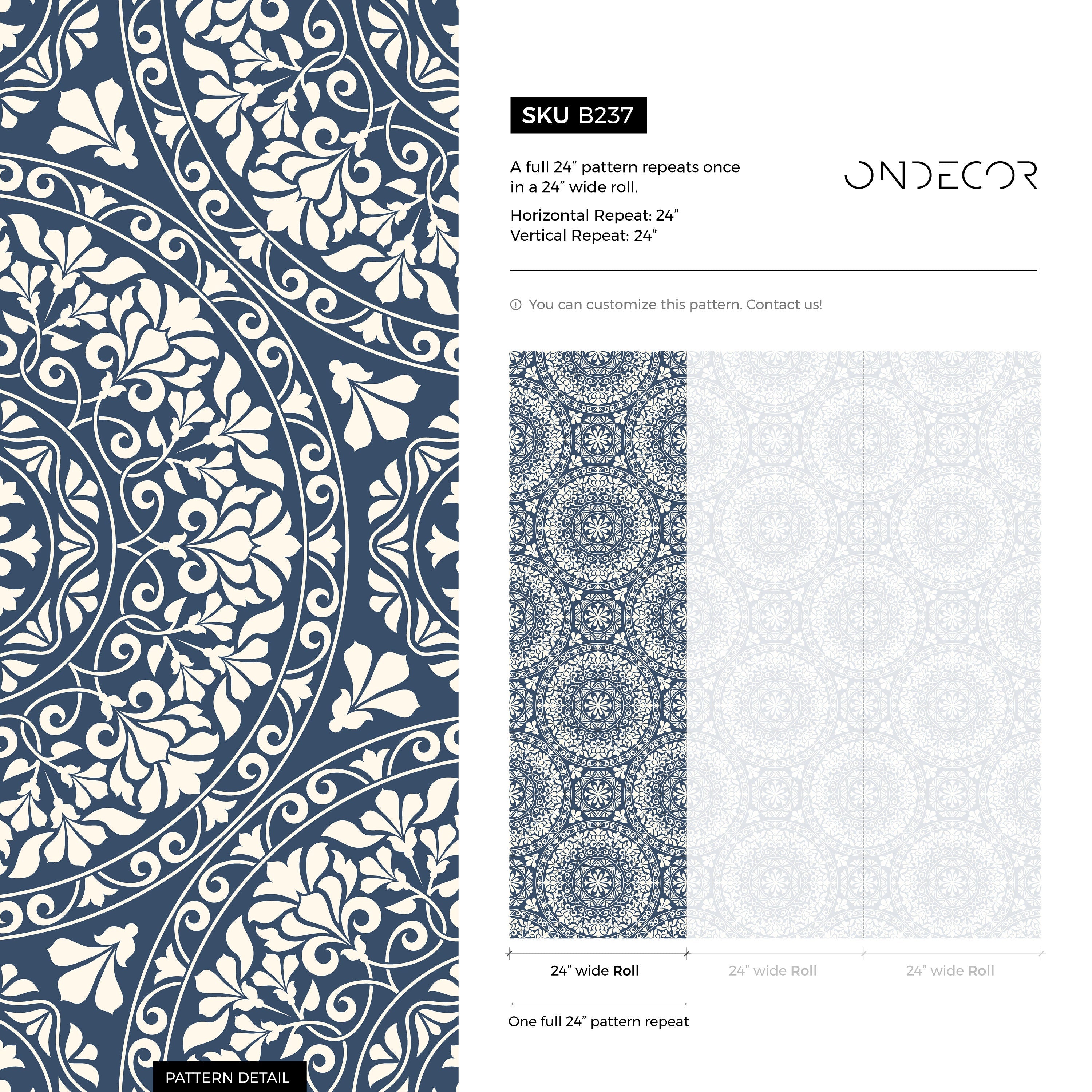 Medallion Wallpaper With An Intricate Floral Motif In Navy Blue And Beige - B237