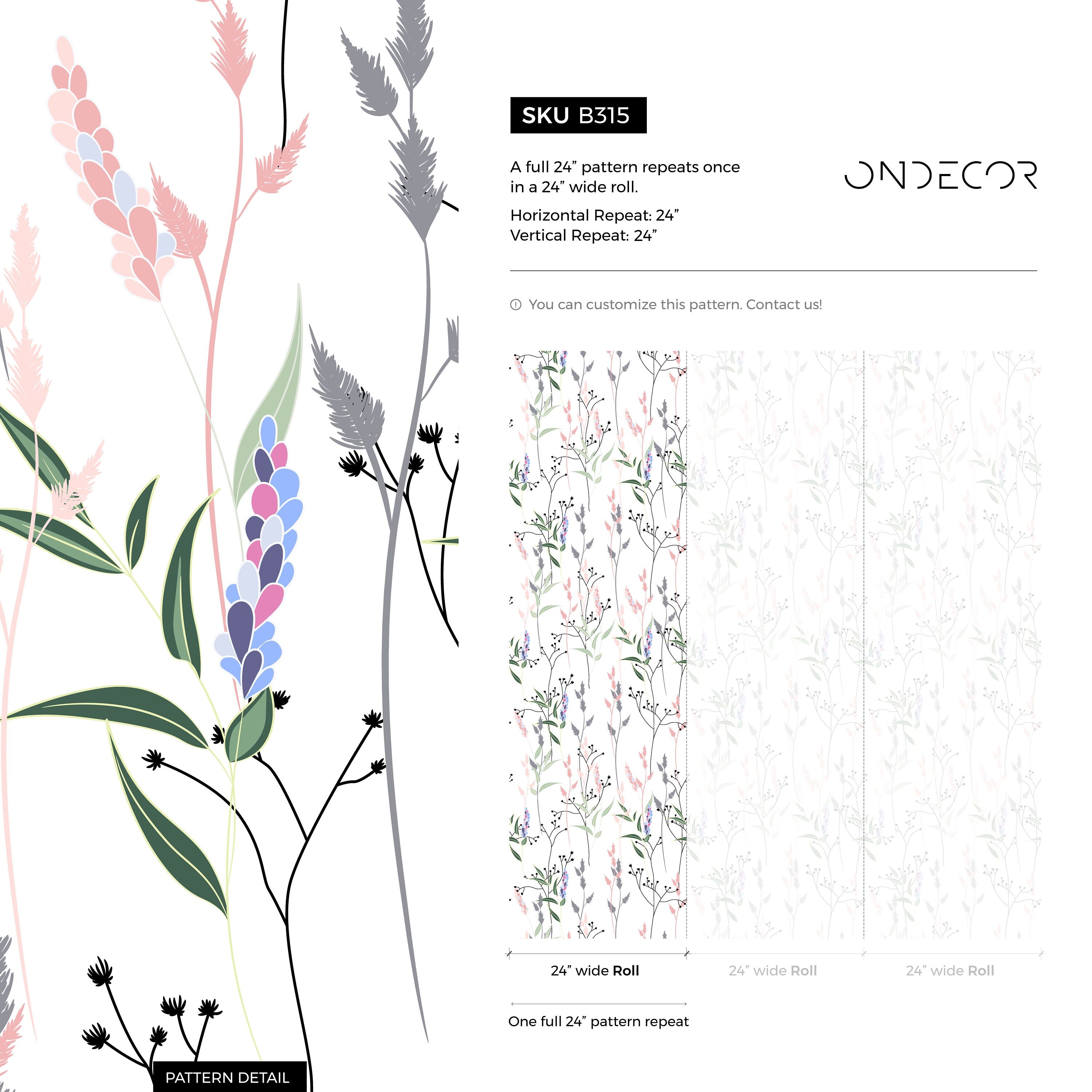 Botanical Wallpaper With A Delicate Wildflower Motif In Pink, Purple, And Green - B315