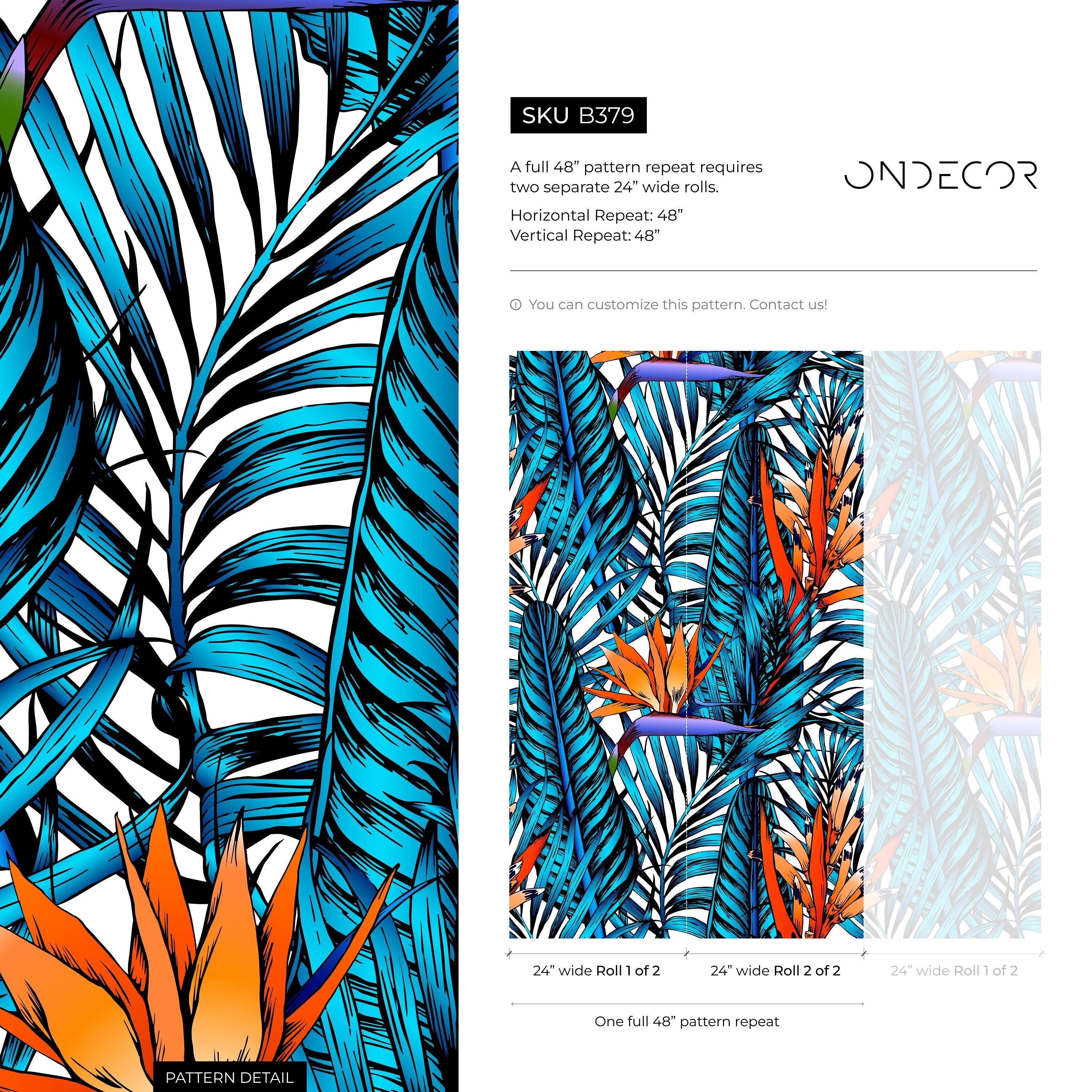 Tropical Wallpaper With Birds Of Paradise In Blue, Orange, And Purple - B379