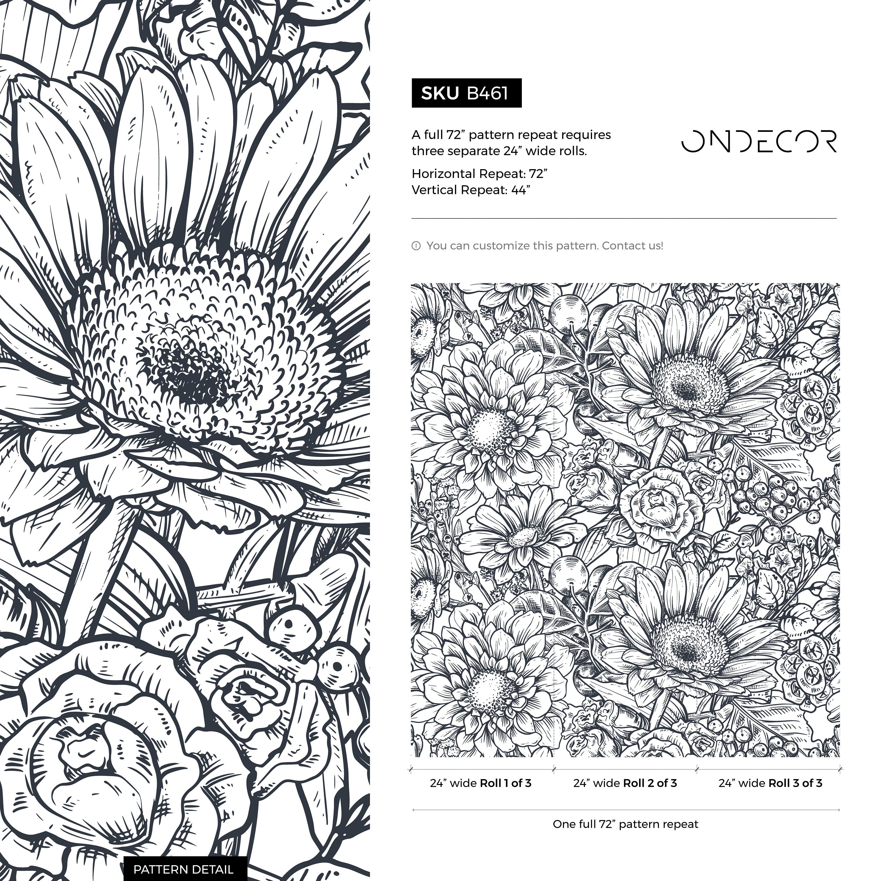 Floral Wallpaper Featuring A Hand-drawn Botanical Illustration In Black And White - B461