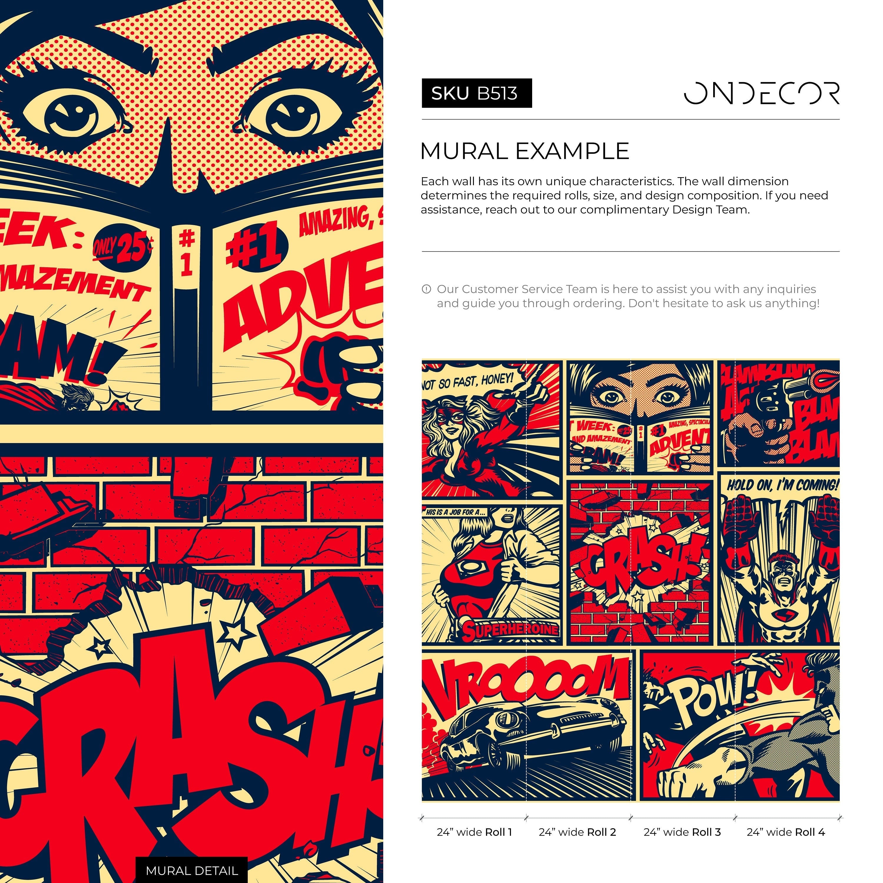 Pop Art Wallpaper With A Superhero Comic Mural In Red, Blue, And Beige - B513