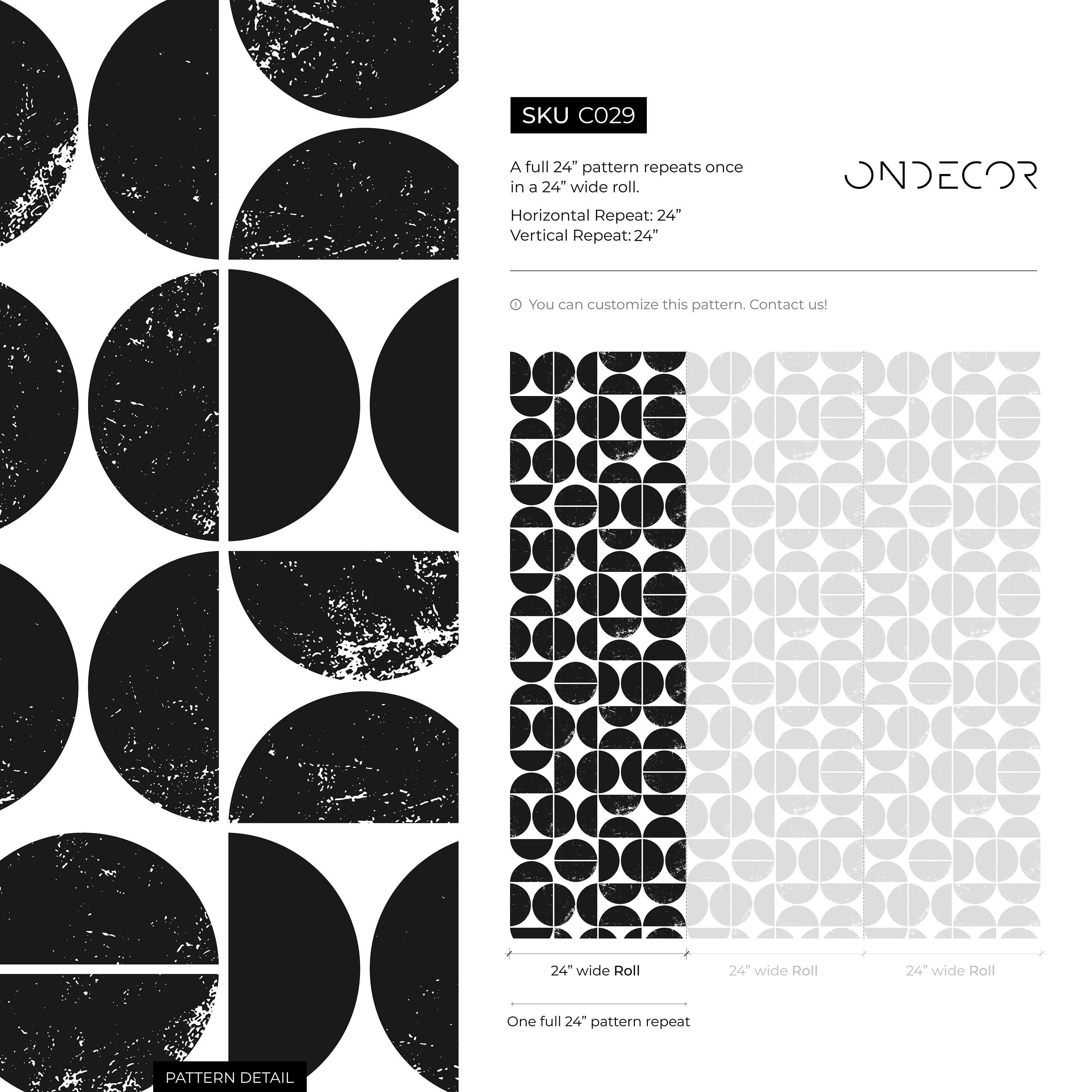 Geometric Wallpaper With A Distressed Semi-circle Motif In Black And White - C029
