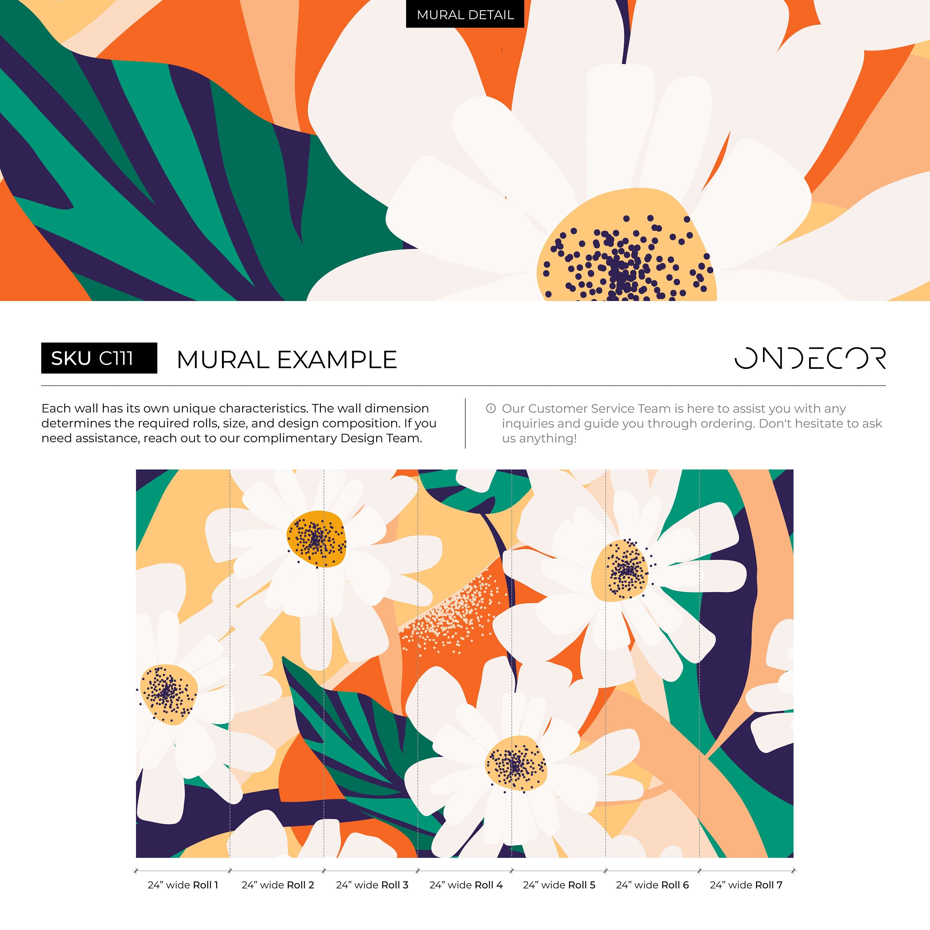 Floral Wallpaper With Large Graphic Daisies In Yellow, Orange, And Green - C111