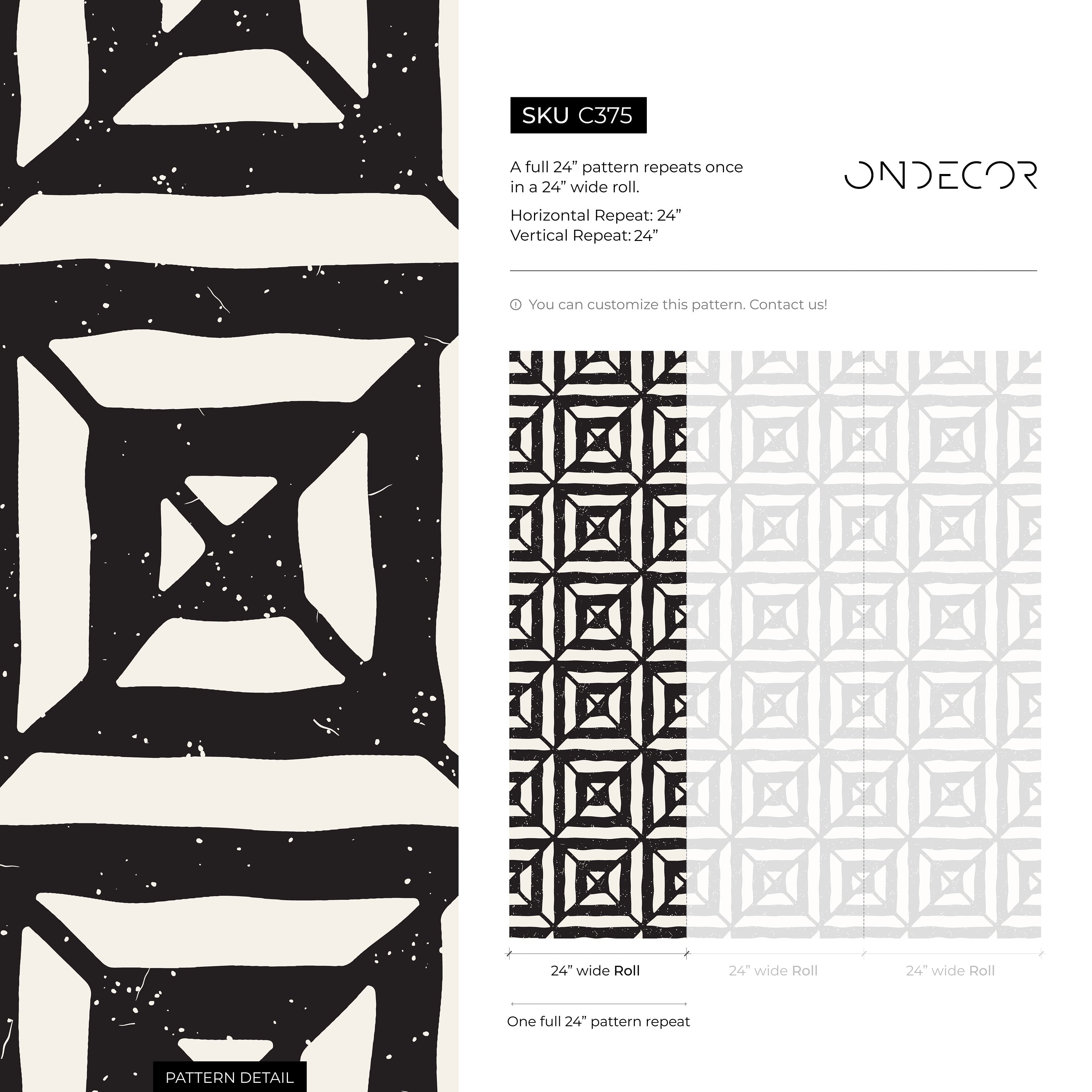 Geometric Wallpaper With A Distressed Tile Motif In Black And Cream - C375