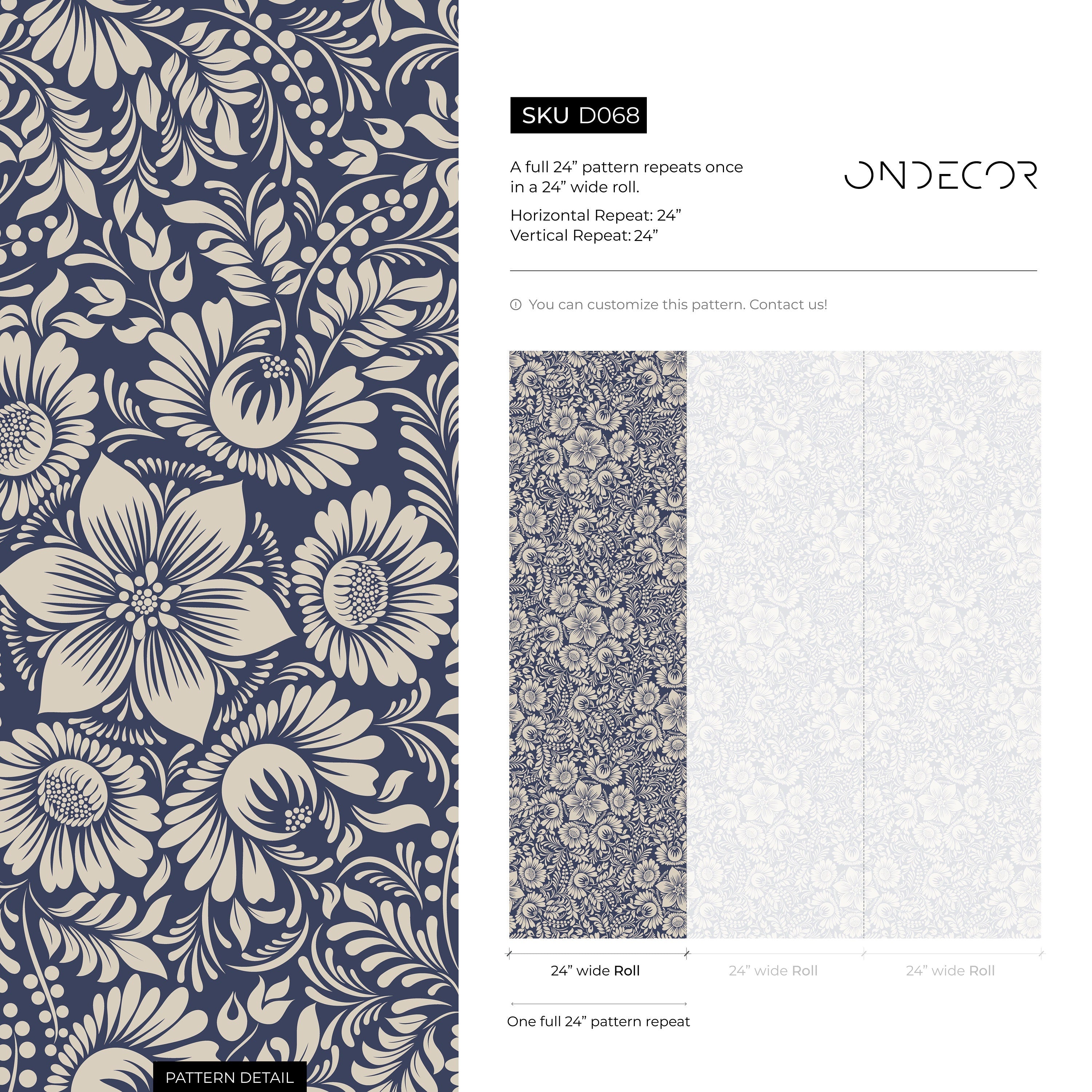 Floral Wallpaper With An Intricate Folk Art Motif In Blue And Beige - D068