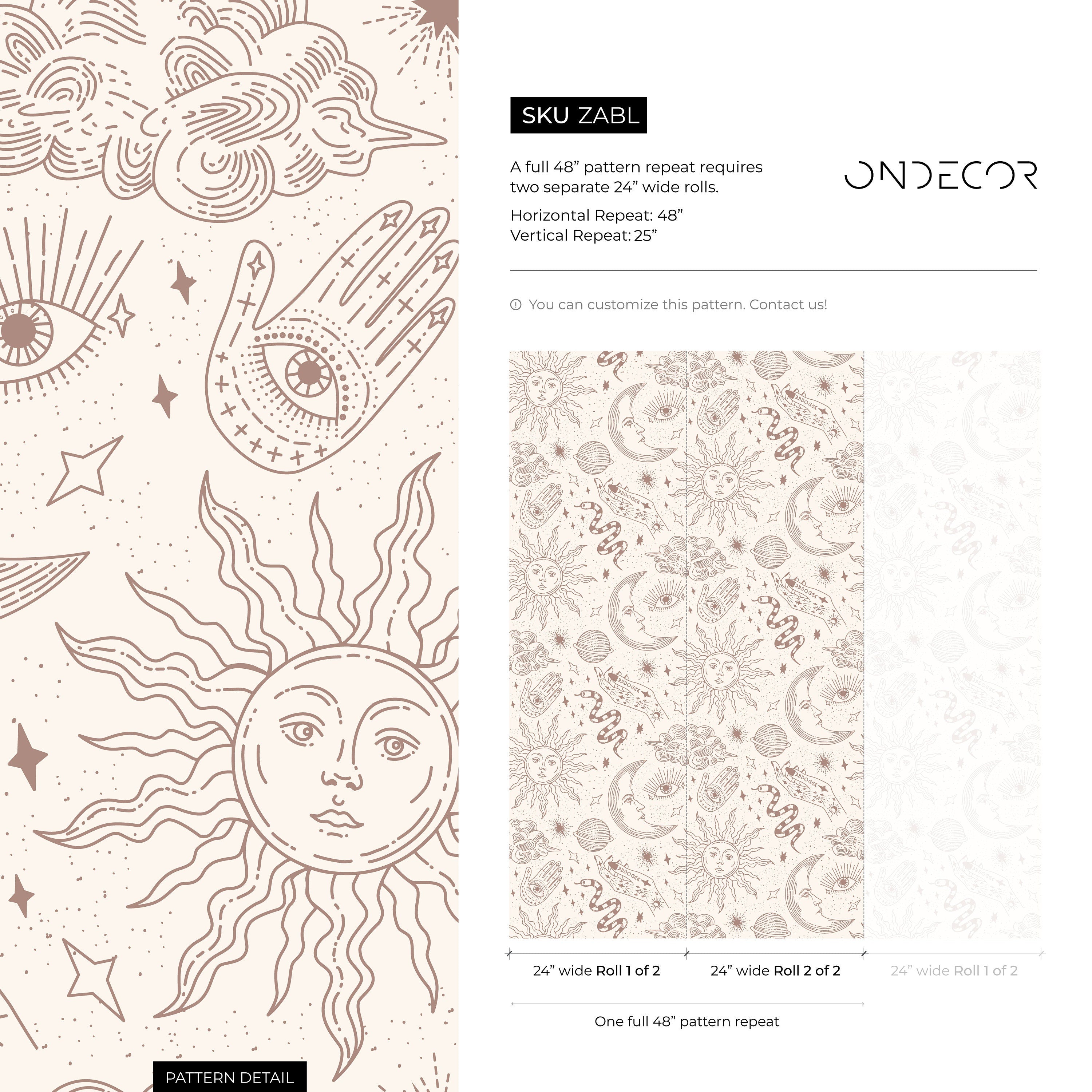 Celestial Wallpaper With Mystical Sun, Moon, And Hand Motifs In Beige And Dusty Rose - Zabl